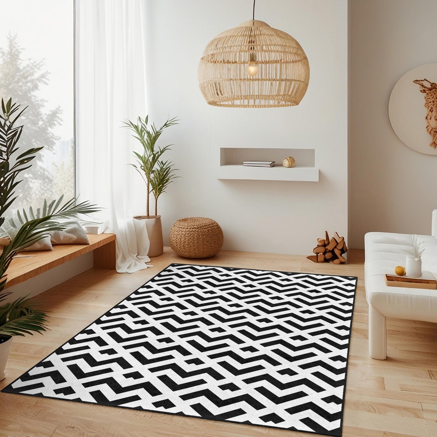 Modern Geometric Black and White Area Rug, Rectangular Living Room Rug, Stylish Home Dcor, Chic Geometric Carpet, Contemporary Floor Mat