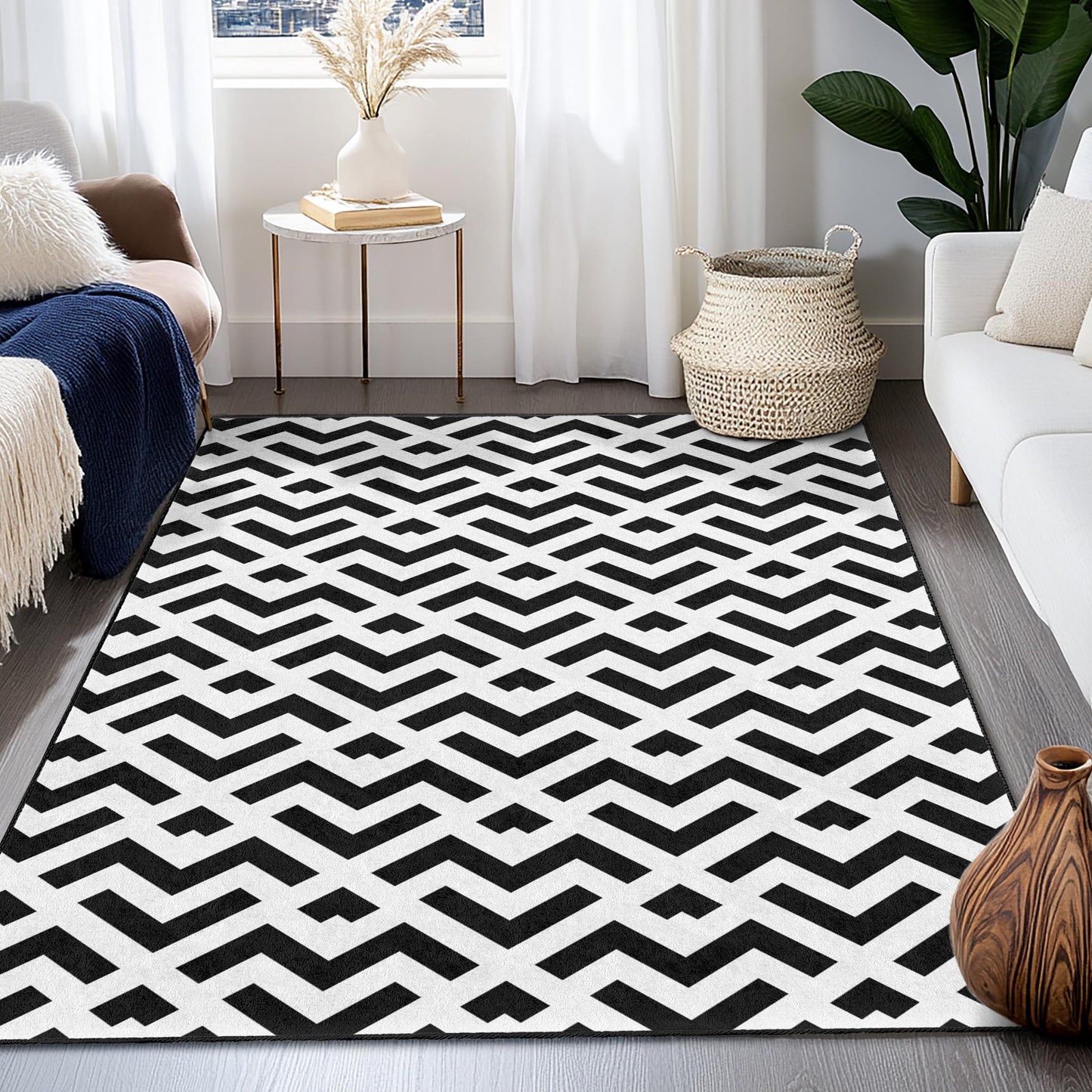Modern Geometric Black and White Area Rug, Rectangular Living Room Rug, Stylish Home Dcor, Chic Geometric Carpet, Contemporary Floor Mat