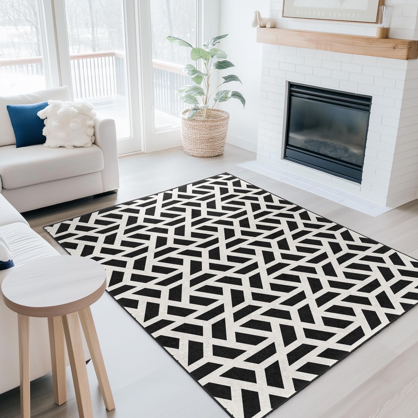 Geometric Black and White Rectangular Rug, Modern Patterned Area Rug, Stylish Home Decor, Living Room Carpet, Bedroom Rug