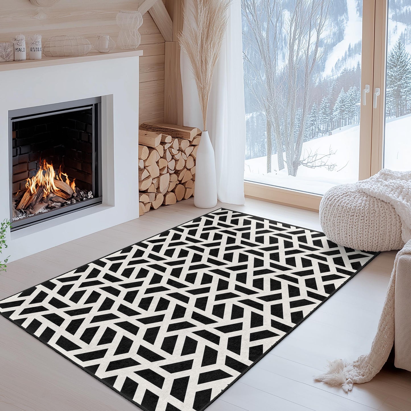 Geometric Black and White Rectangular Rug, Modern Patterned Area Rug, Stylish Home Decor, Living Room Carpet, Bedroom Rug