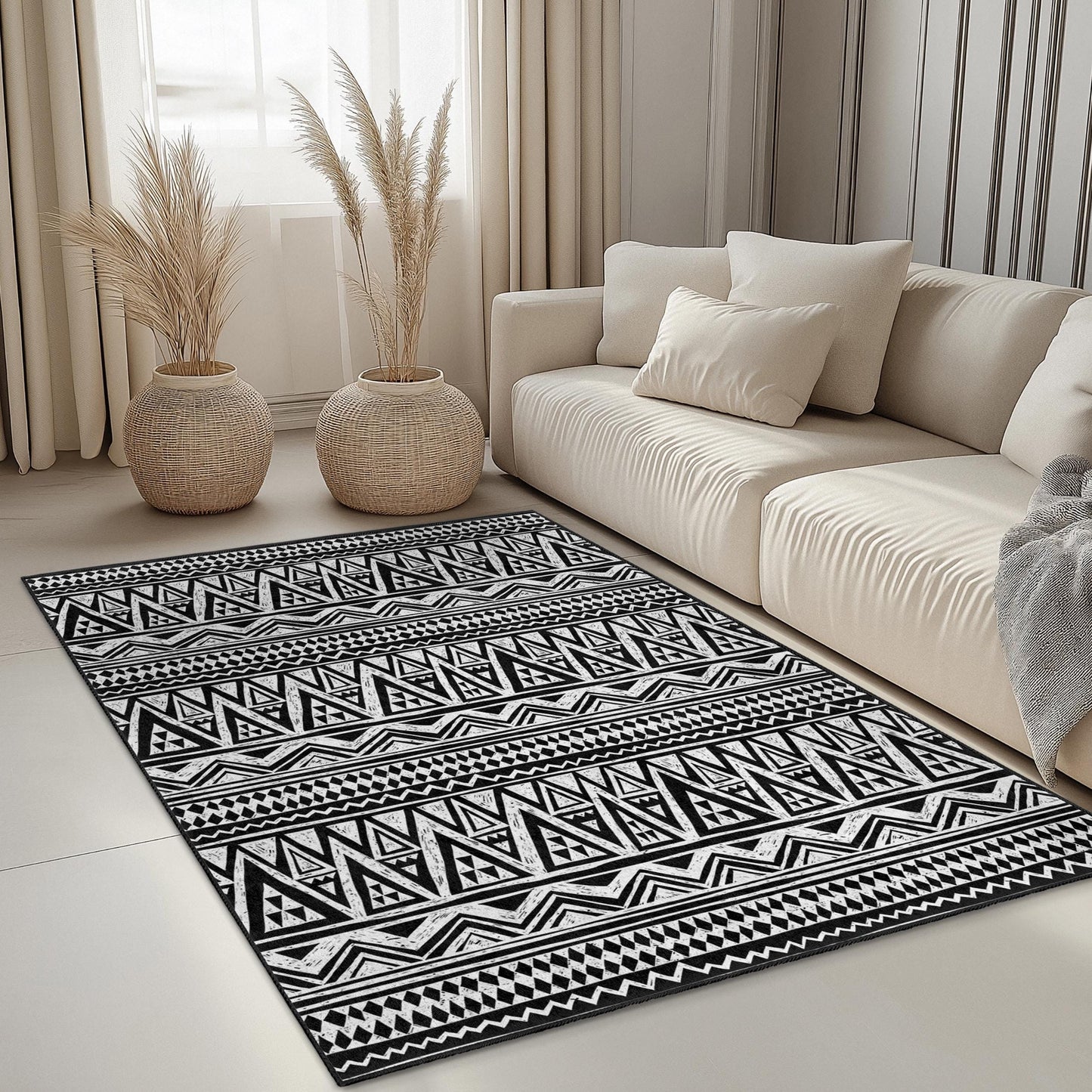 Geometric Black and White Rectangular Area Rug, Modern Pattern Rug, Bohemian Style Carpet, Living Room Decor, Stylish Floor Mat