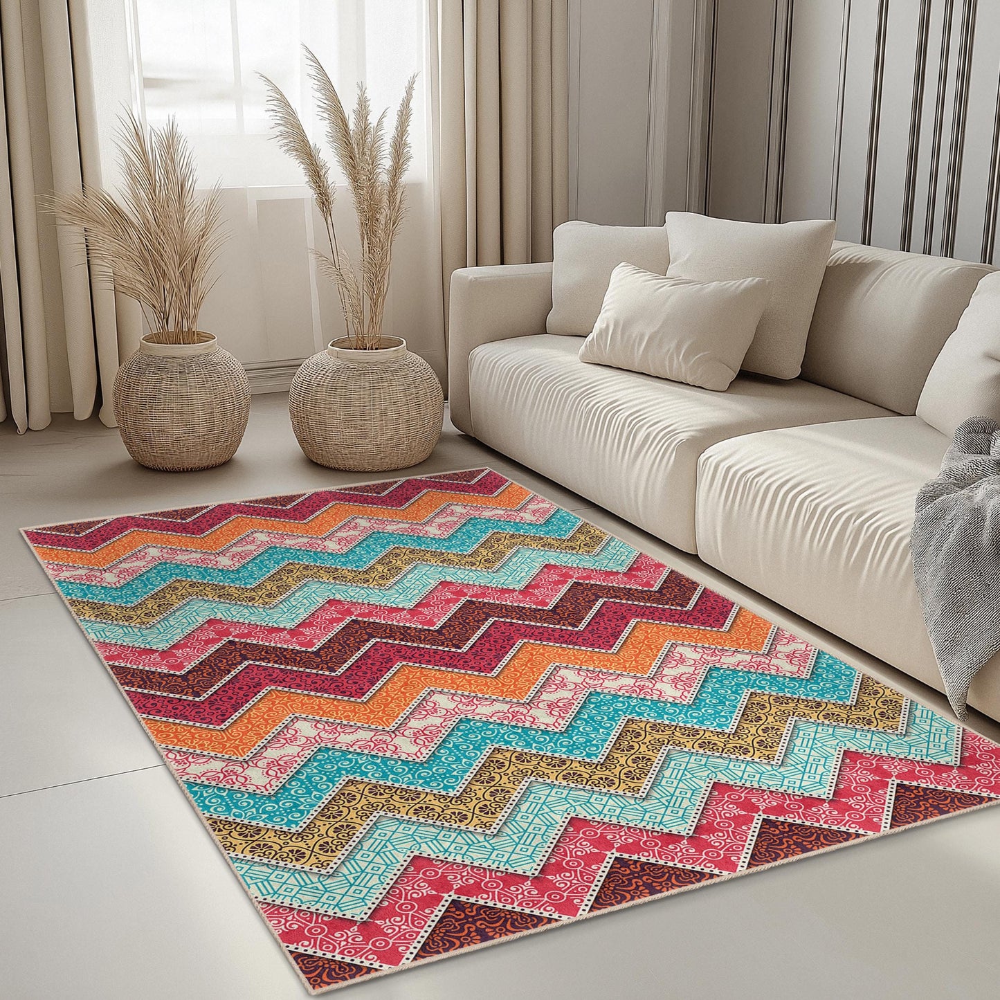 Vibrant Zigzag Pattern Rectangle Area Rug, Colorful Geometric Design Rug, Modern Living Room Carpet, Stylish Home Decor