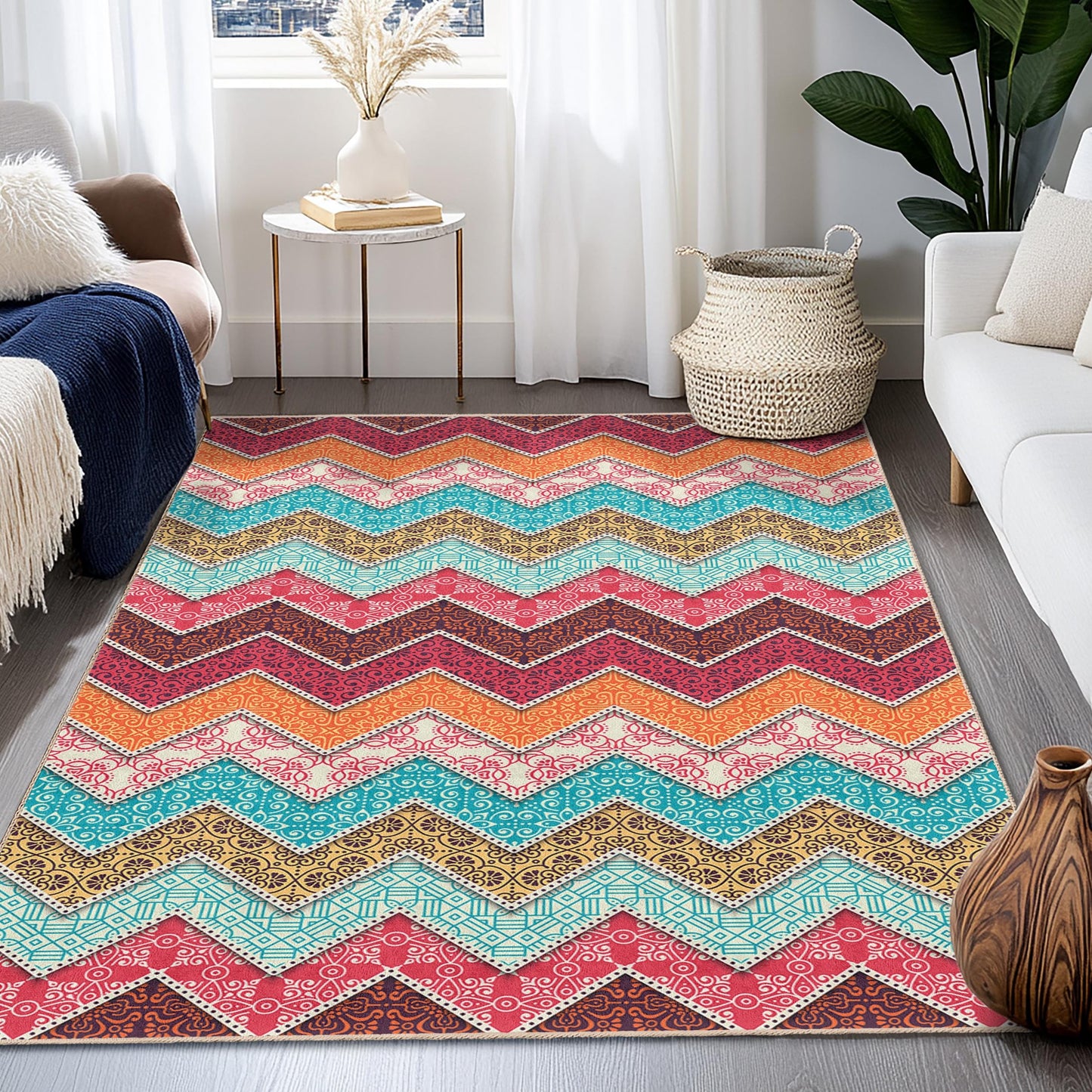 Vibrant Zigzag Pattern Rectangle Area Rug, Colorful Geometric Design Rug, Modern Living Room Carpet, Stylish Home Decor