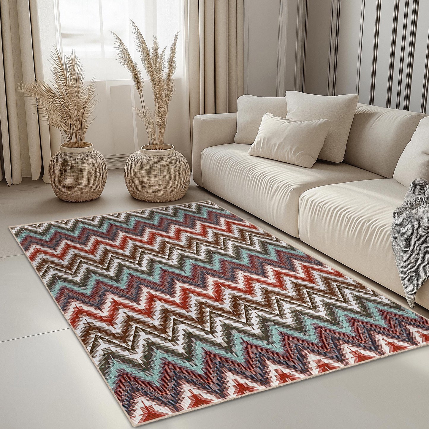 Vibrant Zigzag Pattern Rectangle Area Rug, Colorful Geometric Design Carpet, Modern Living Room Rug, Stylish Home Decor