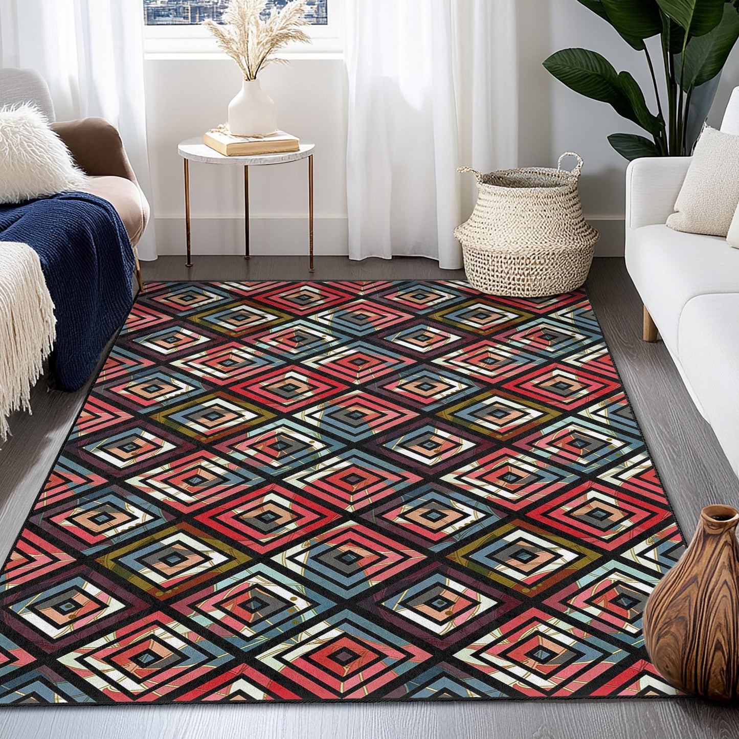 Geometric Patterned Rectangular Area Rug, Modern Diamond Design Carpet, Stylish Living Room Rug, Home Decor, Bedroom Rug