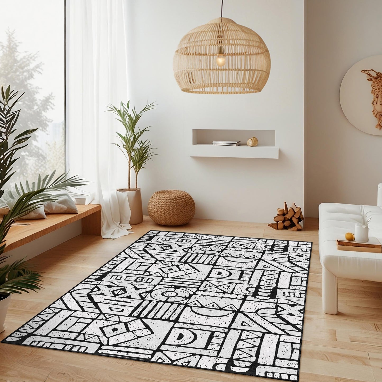 Geometric Patterned Rectangle Rug, Modern Black and White Area Rug, Stylish Living Room Carpet, Unique Home Decor, Contemporary Design