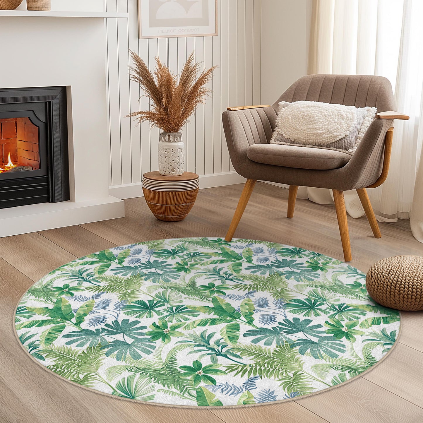 Tropical Leaf Round Area Rug, Bohemian Green Carpet, Floral Living Room Decor, Round Carpet for Home, Nature-Inspired Floor Mat