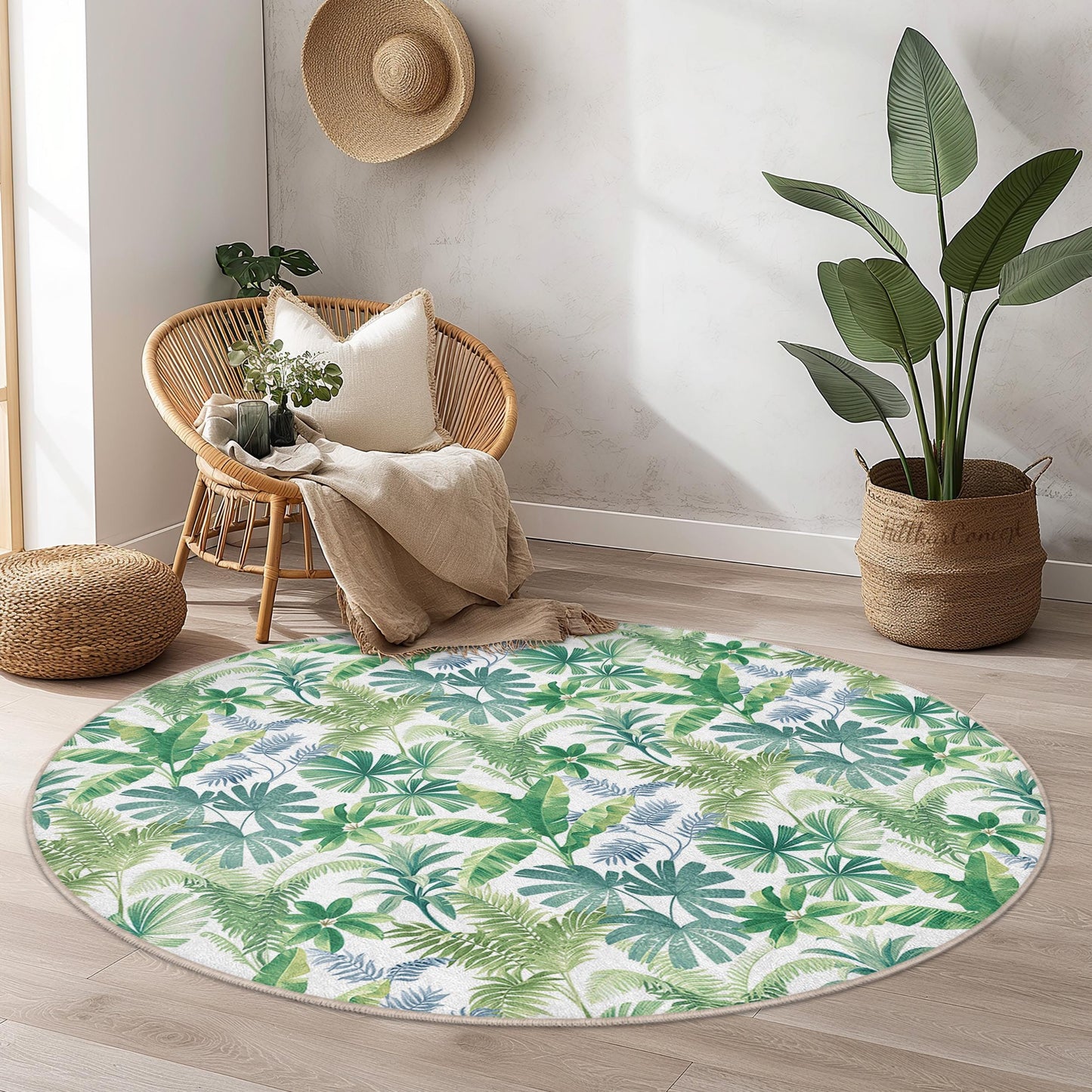 Tropical Leaf Round Area Rug, Bohemian Green Carpet, Floral Living Room Decor, Round Carpet for Home, Nature-Inspired Floor Mat