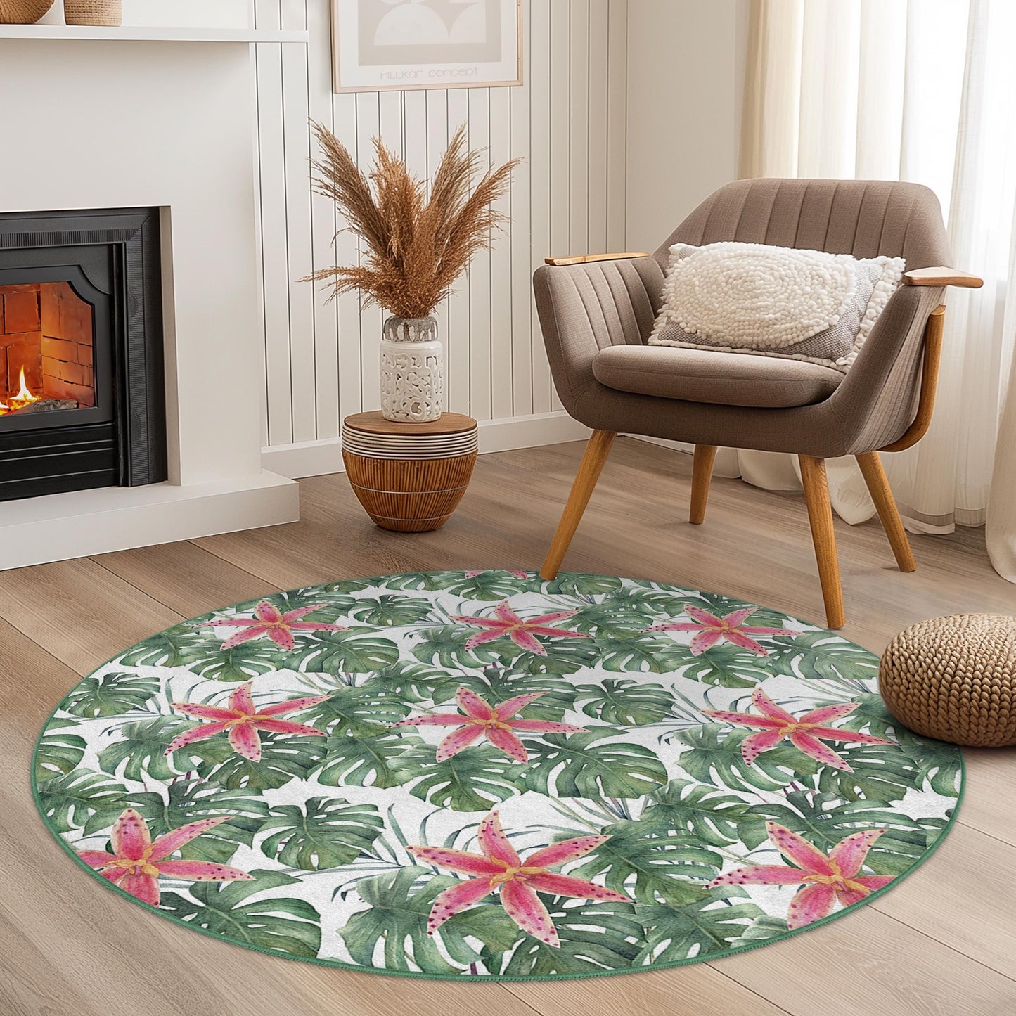 Tropical Floral Round Area Rug, Monstera Leaf Carpet, Botanical Round Rug, Living Room Decor, Boho Chic Floor Mat, Nature Inspired Rug