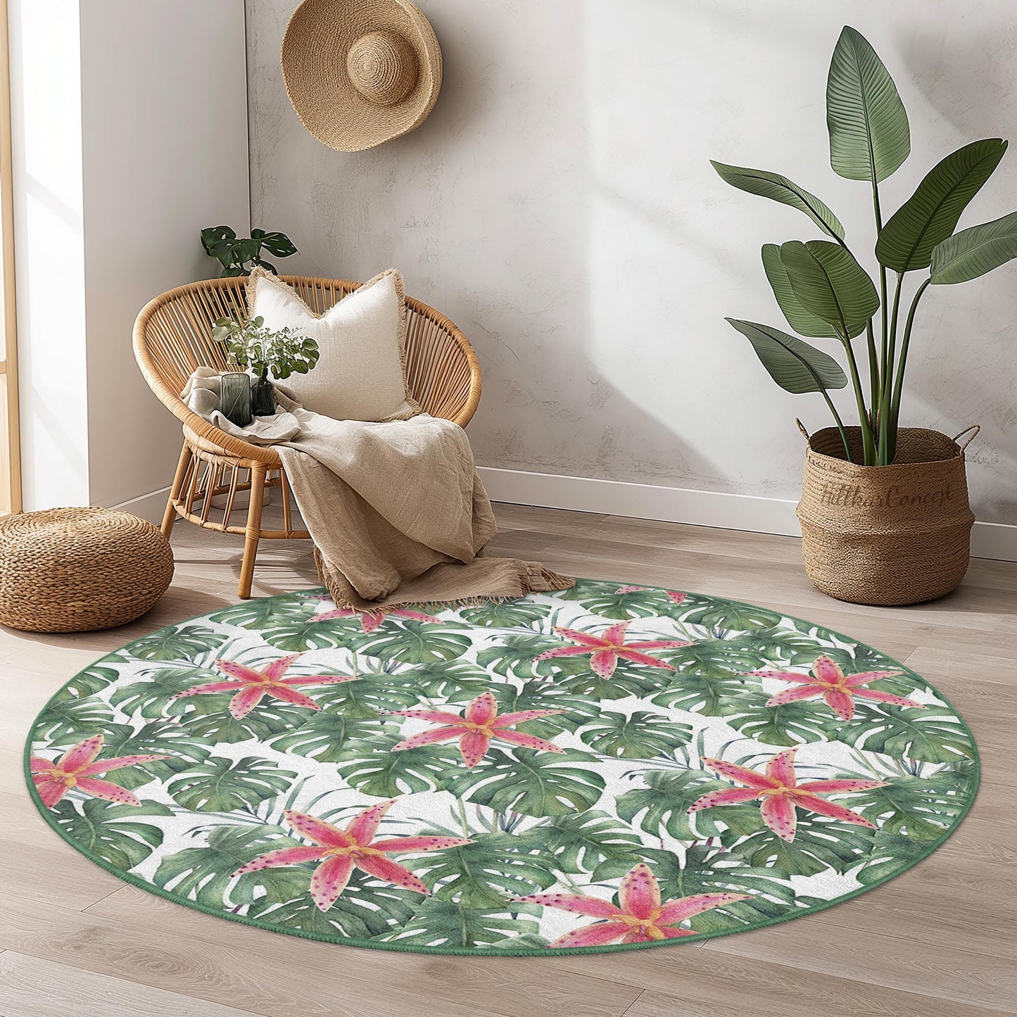 Tropical Floral Round Area Rug, Monstera Leaf Carpet, Botanical Round Rug, Living Room Decor, Boho Chic Floor Mat, Nature Inspired Rug