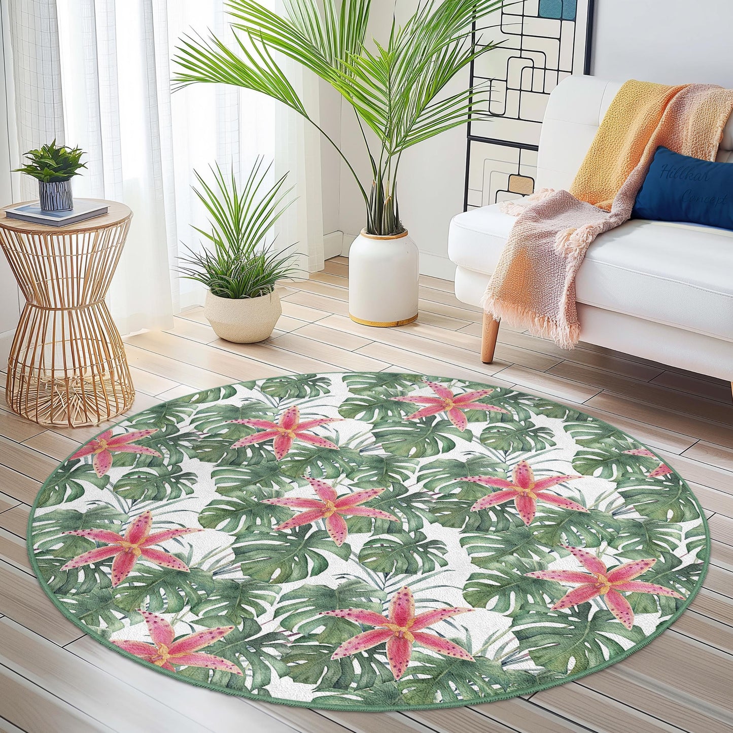 Tropical Floral Round Area Rug, Monstera Leaf Carpet, Botanical Round Rug, Living Room Decor, Boho Chic Floor Mat, Nature Inspired Rug