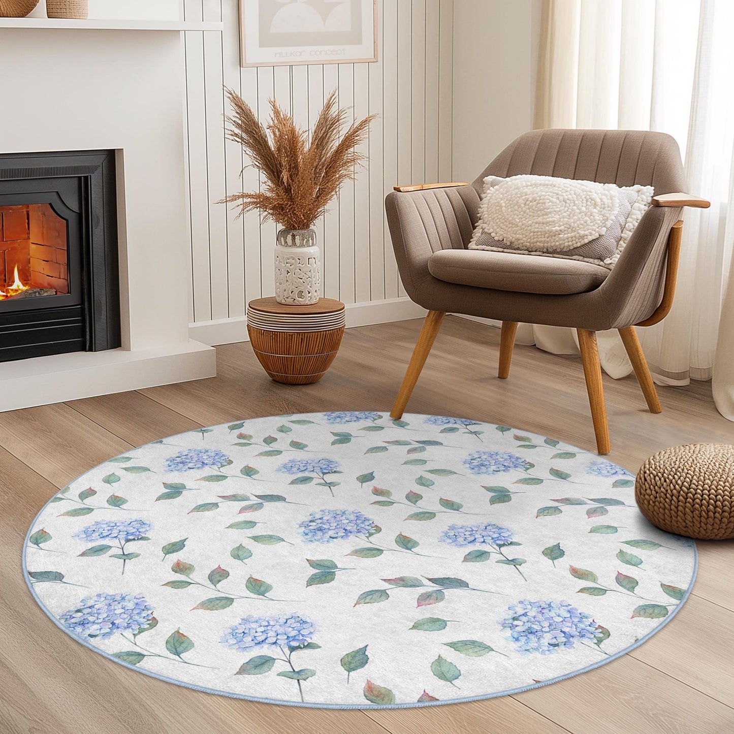 Elegant Floral Round Area Rug, Blue Hydrangea Design, Soft Living Room Carpet, Round Decorative Rug, Home Decor Accent