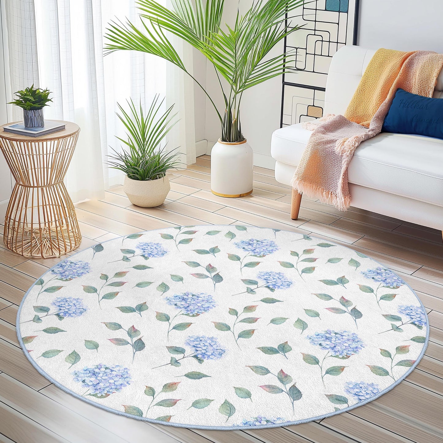 Elegant Floral Round Area Rug, Blue Hydrangea Design, Soft Living Room Carpet, Round Decorative Rug, Home Decor Accent