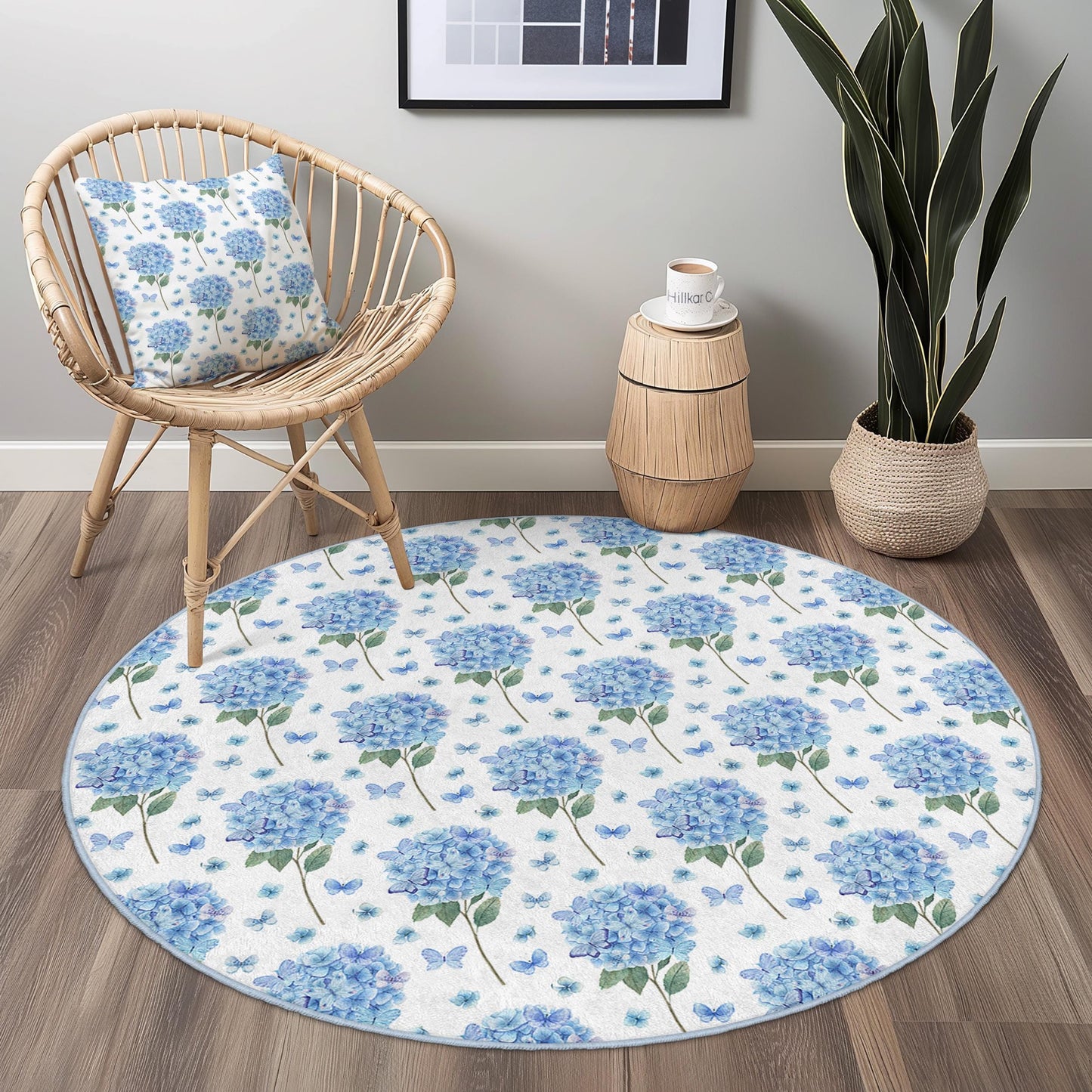 Beautiful Floral Round Area Rug, Blue Hydrangea Pattern, Round Living Room Carpet, Elegant Home Decor, Butterfly Design Rug