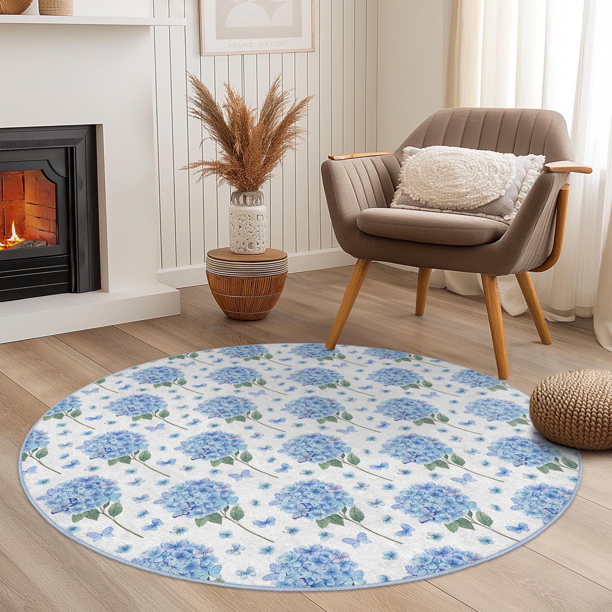 Beautiful Floral Round Area Rug, Blue Hydrangea Pattern, Round Living Room Carpet, Elegant Home Decor, Butterfly Design Rug