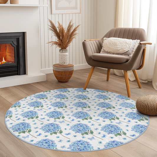 Beautiful Floral Round Area Rug, Blue Hydrangea Pattern, Round Living Room Carpet, Elegant Home Decor, Butterfly Design Rug