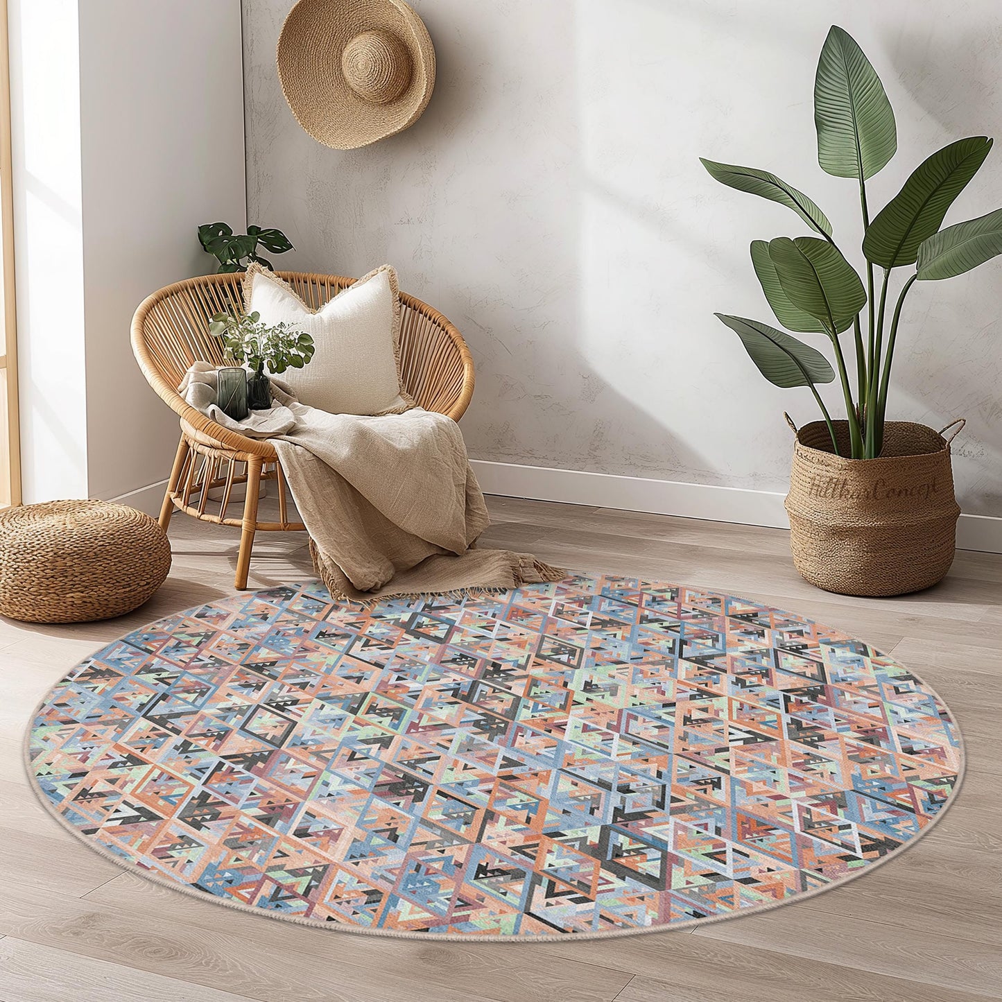Geometric Round Area Rug: Modern Boho Living Room Carpet