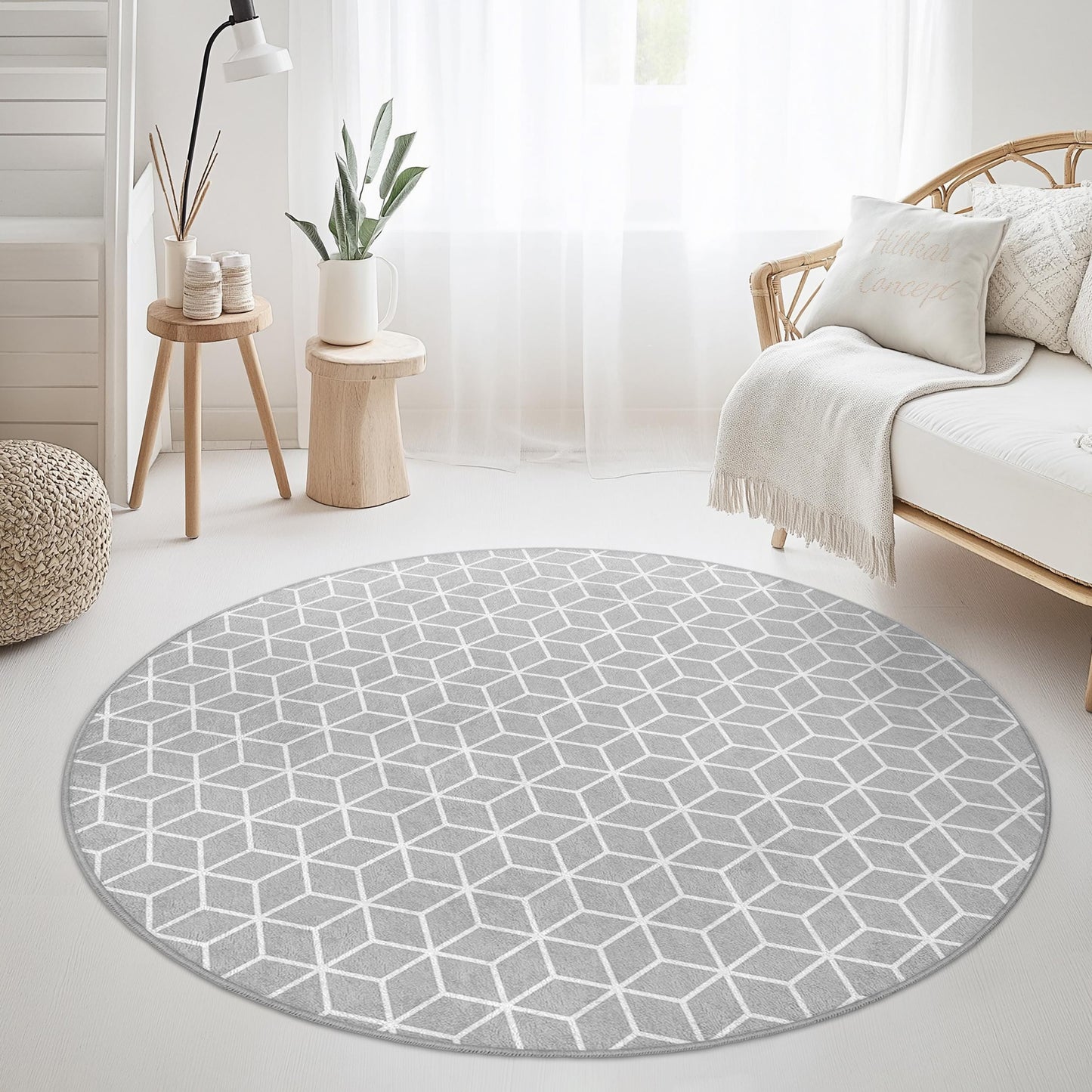 Geometric Round Area Rug, Stylish Grey Honeycomb Pattern Carpet, Modern Home Decor, Round Rug for Living Room, Bedroom, Office