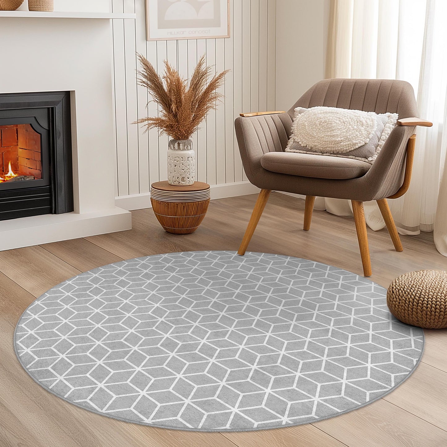 Geometric Round Area Rug, Stylish Grey Honeycomb Pattern Carpet, Modern Home Decor, Round Rug for Living Room, Bedroom, Office