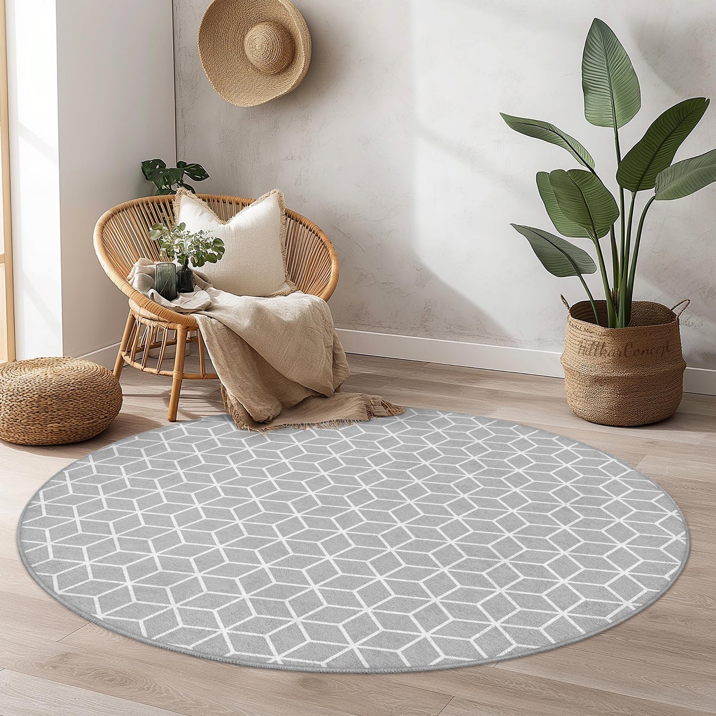Geometric Round Area Rug, Stylish Grey Honeycomb Pattern Carpet, Modern Home Decor, Round Rug for Living Room, Bedroom, Office