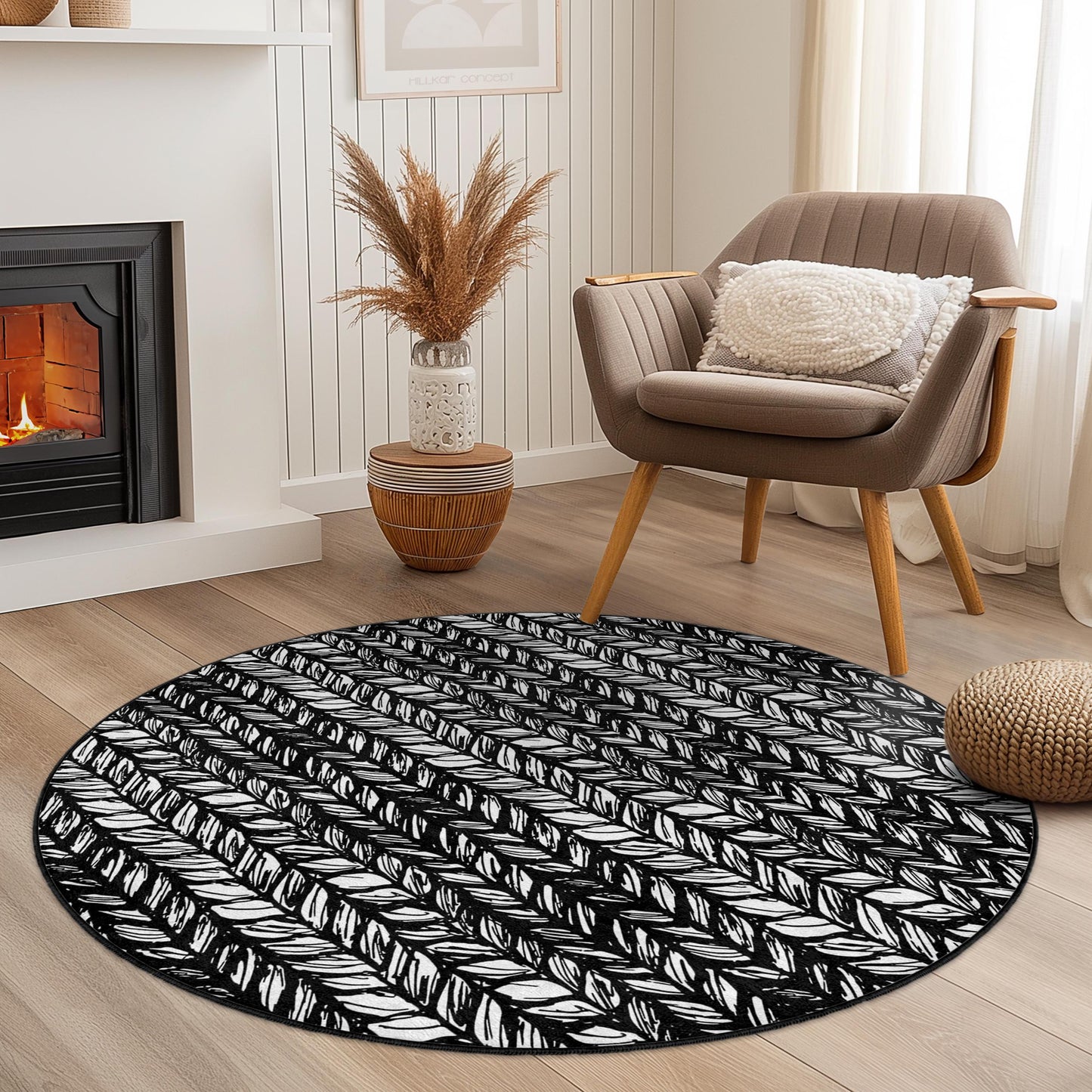 Leaf Pattern Round Area Rug, Black and White Leaf Design, Modern Round Carpet, Stylish Home Decor, Living Room Rug, Indoor Round Rug