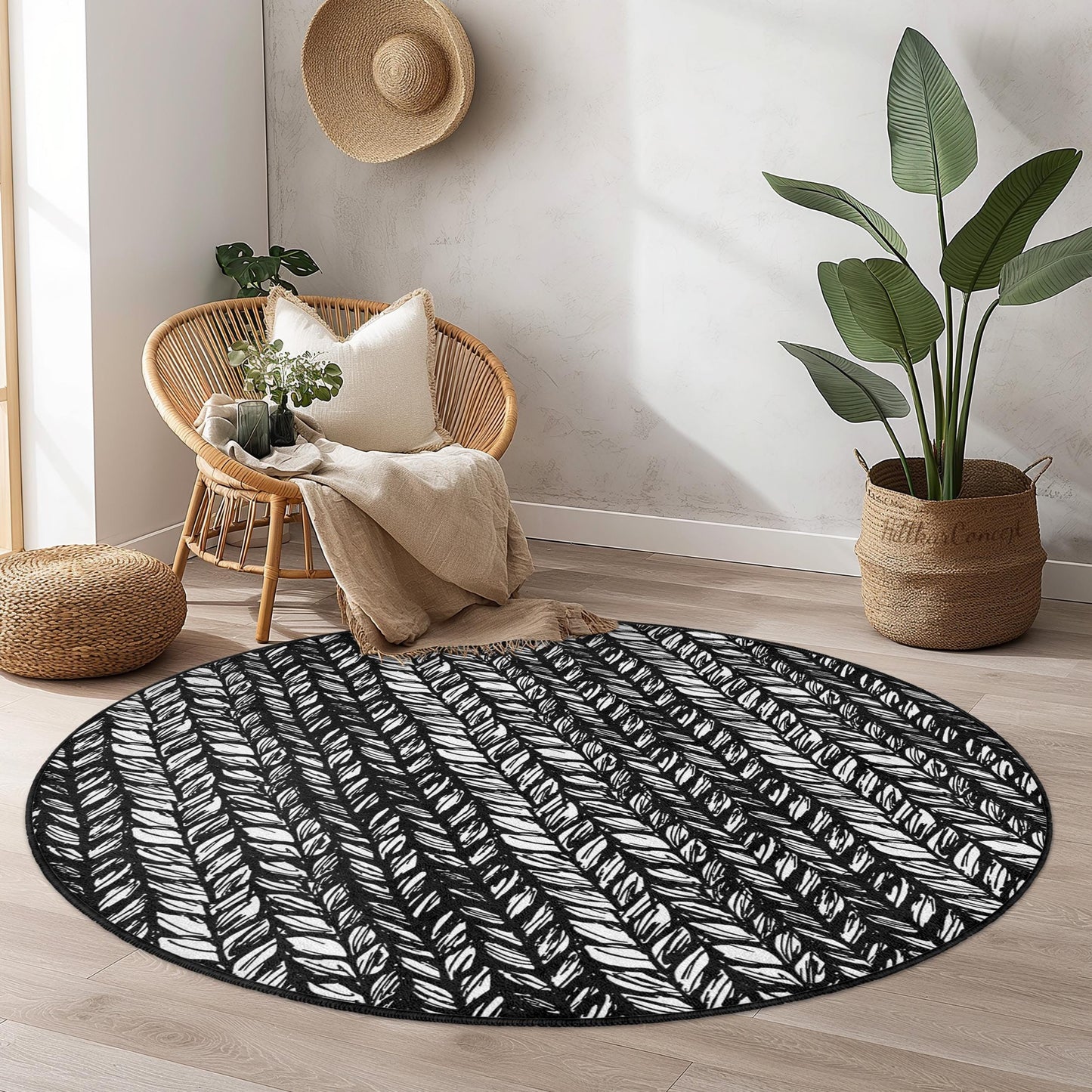 Leaf Pattern Round Area Rug, Black and White Leaf Design, Modern Round Carpet, Stylish Home Decor, Living Room Rug, Indoor Round Rug