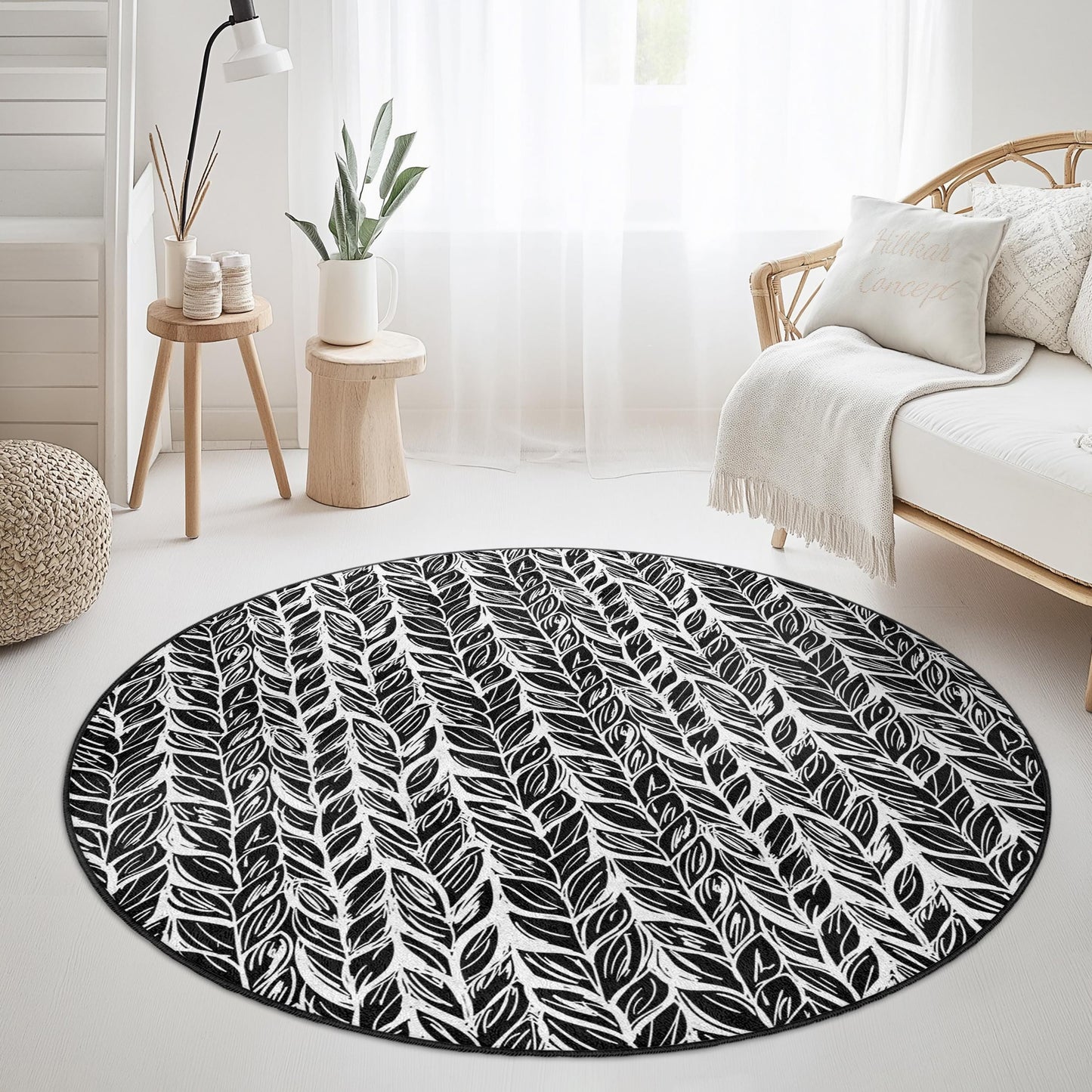 Elegant Leaf Pattern Round Area Rug, Modern Black and White Round Carpet, Decorative Round Rug for Living Room, Bedroom, Home Decor