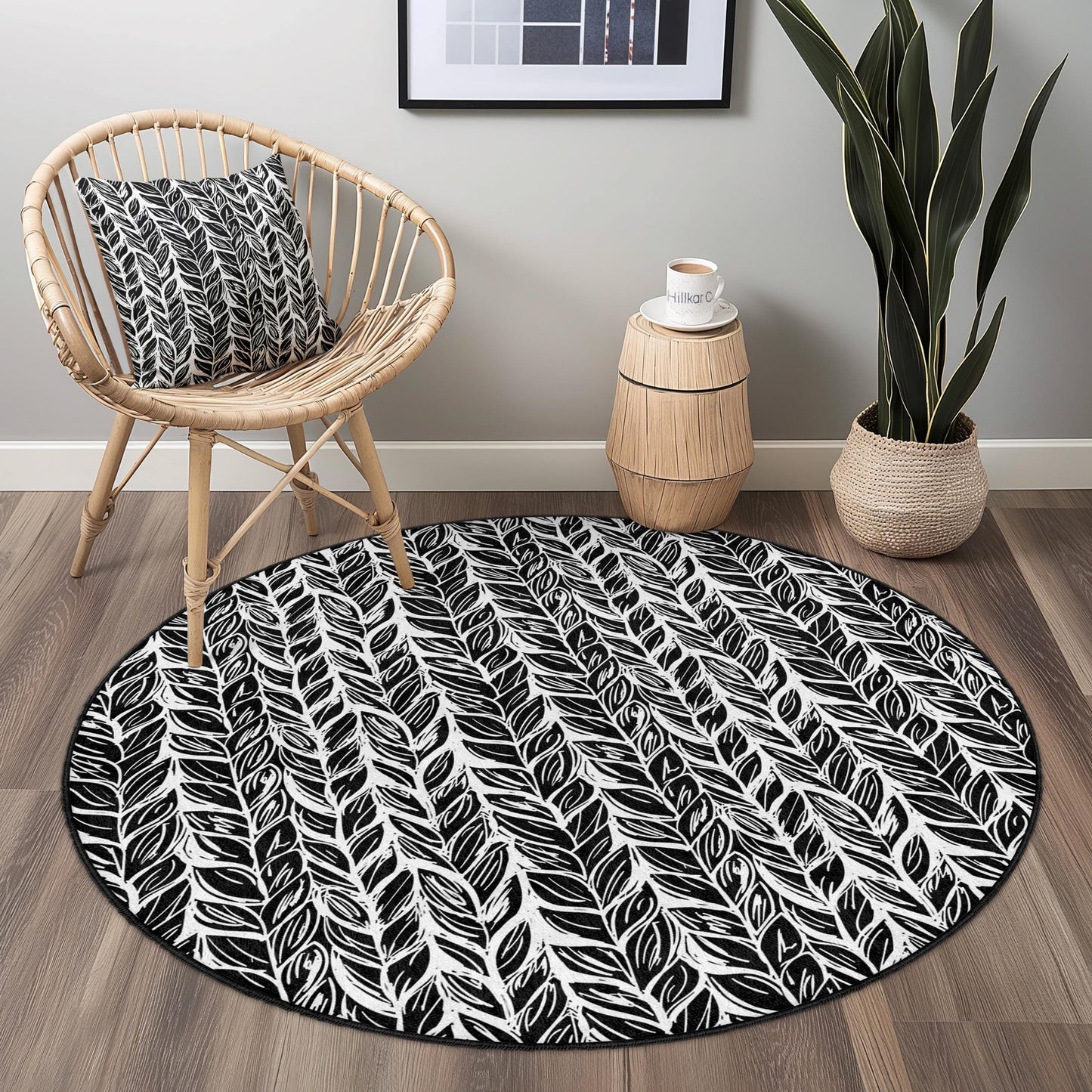 Elegant Leaf Pattern Round Area Rug, Modern Black and White Round Carpet, Decorative Round Rug for Living Room, Bedroom, Home Decor
