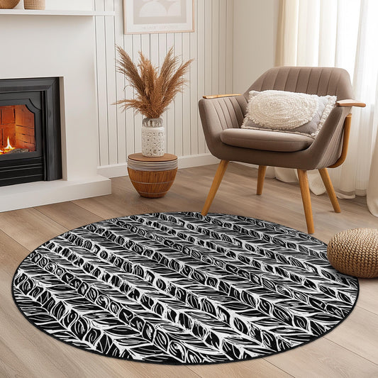 Elegant Leaf Pattern Round Area Rug, Modern Black and White Round Carpet, Decorative Round Rug for Living Room, Bedroom, Home Decor