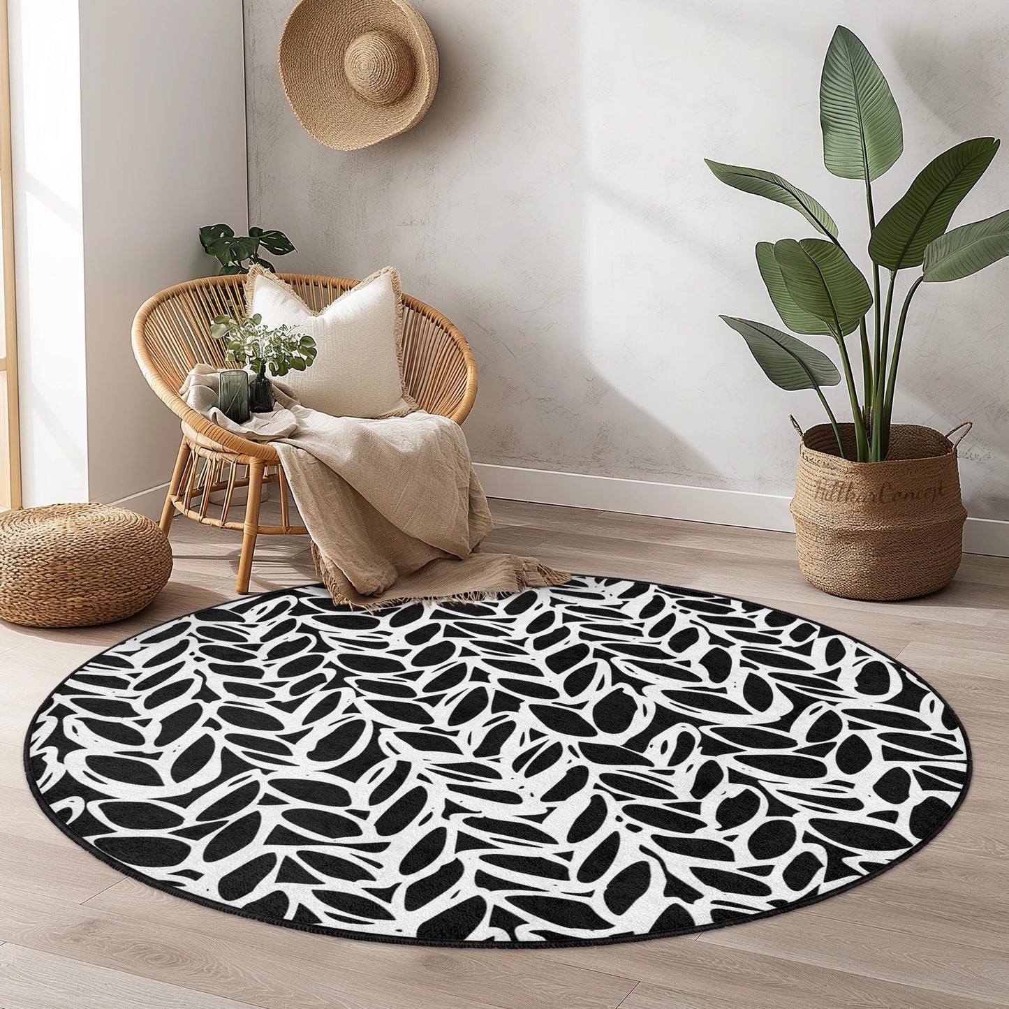 Black and White Leaf Pattern Round Area Rug, Modern Round Carpet for Living Room, Stylish Round Rug for Home Decor