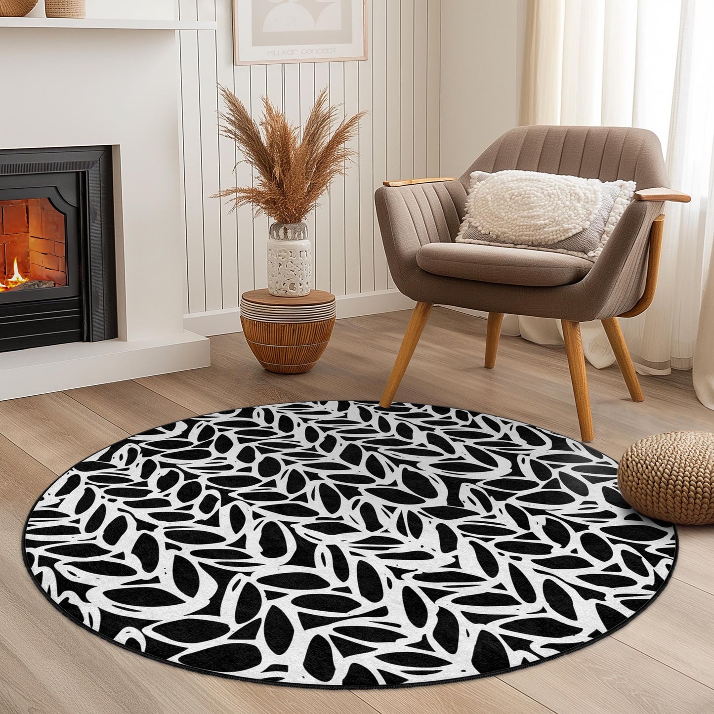 Black and White Leaf Pattern Round Area Rug, Modern Round Carpet for Living Room, Stylish Round Rug for Home Decor