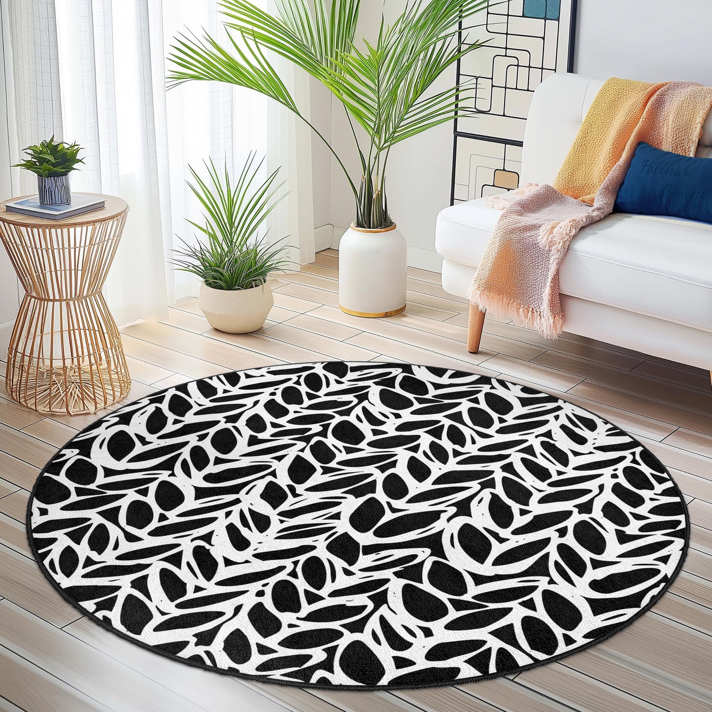 Black and White Leaf Pattern Round Area Rug, Modern Round Carpet for Living Room, Stylish Round Rug for Home Decor