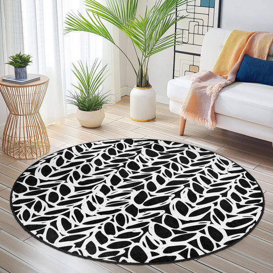 Black and White Leaf Pattern Round Area Rug, Modern Round Carpet for Living Room, Stylish Round Rug for Home Decor