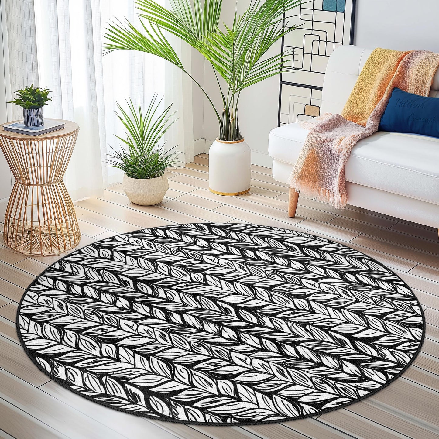 Black and White Leaf Pattern Round Rug, Stylish Leaf Design Area Rug, Modern Living Room Rug, Nature Inspired Decor, Boho Round Carpet