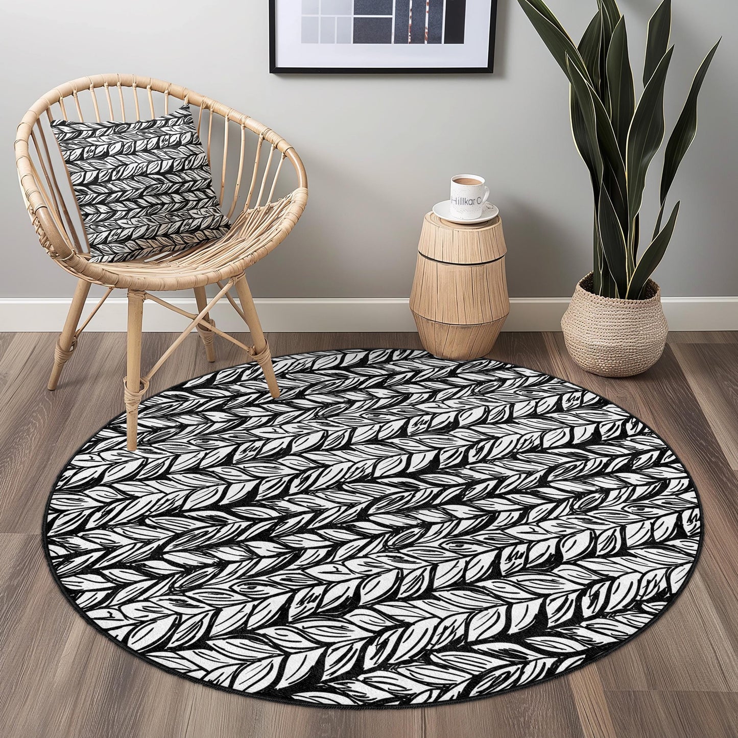 Black and White Leaf Pattern Round Rug, Stylish Leaf Design Area Rug, Modern Living Room Rug, Nature Inspired Decor, Boho Round Carpet