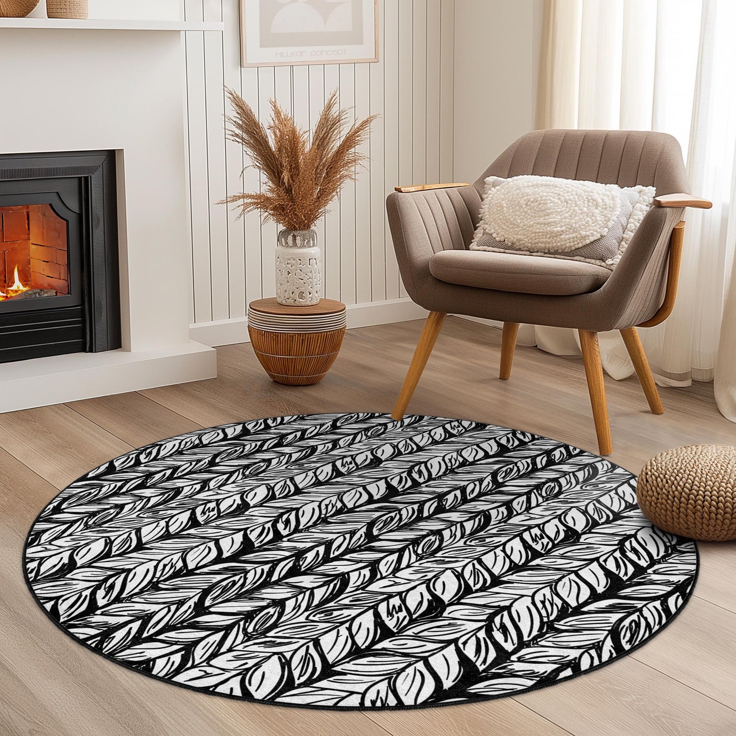 Black and White Leaf Pattern Round Rug, Stylish Leaf Design Area Rug, Modern Living Room Rug, Nature Inspired Decor, Boho Round Carpet
