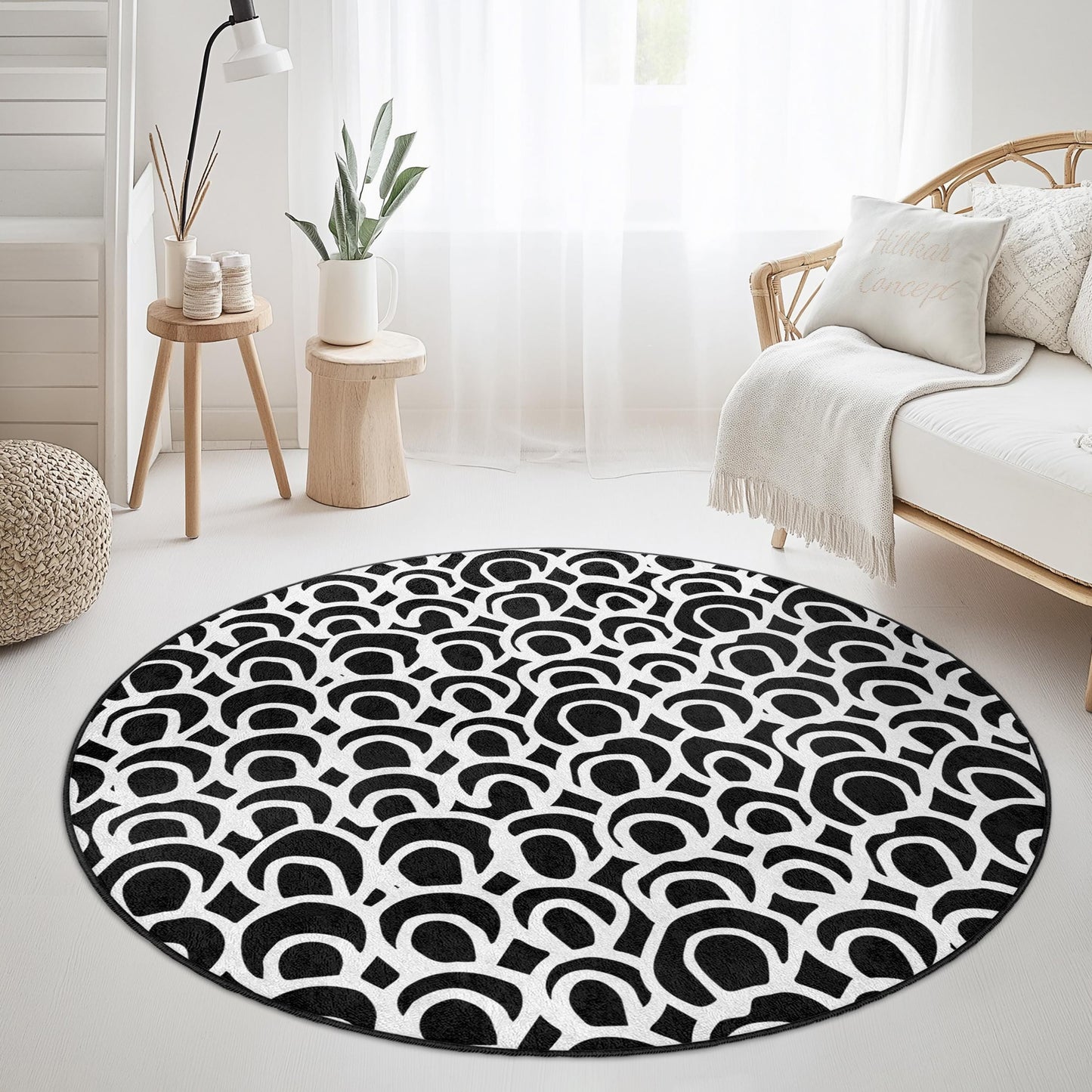 Modern Black and White Circle Area Rug, Stylish Round Carpet, Contemporary Design Rug for Living Room, Bedroom, Home Decor
