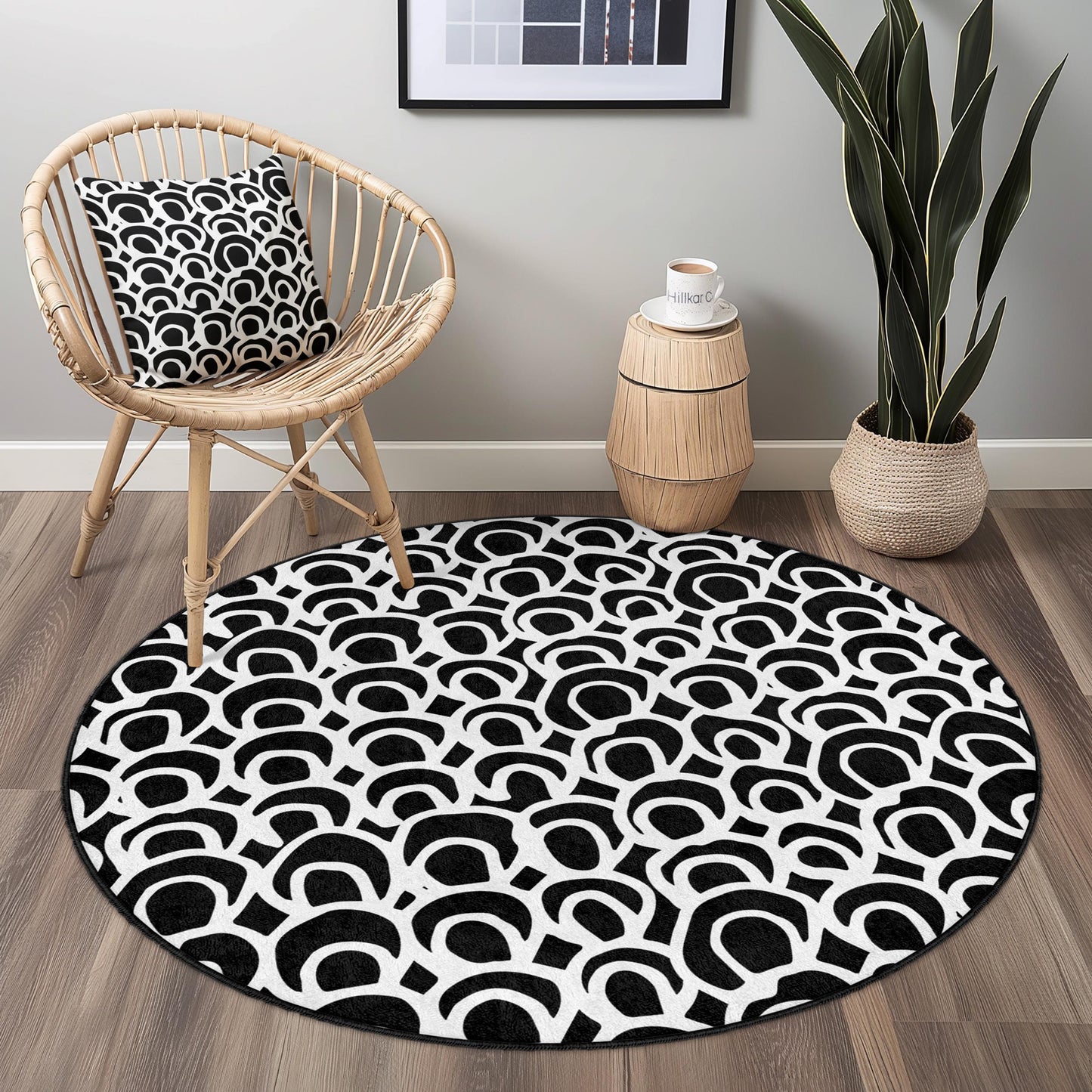 Modern Black and White Circle Area Rug, Stylish Round Carpet, Contemporary Design Rug for Living Room, Bedroom, Home Decor