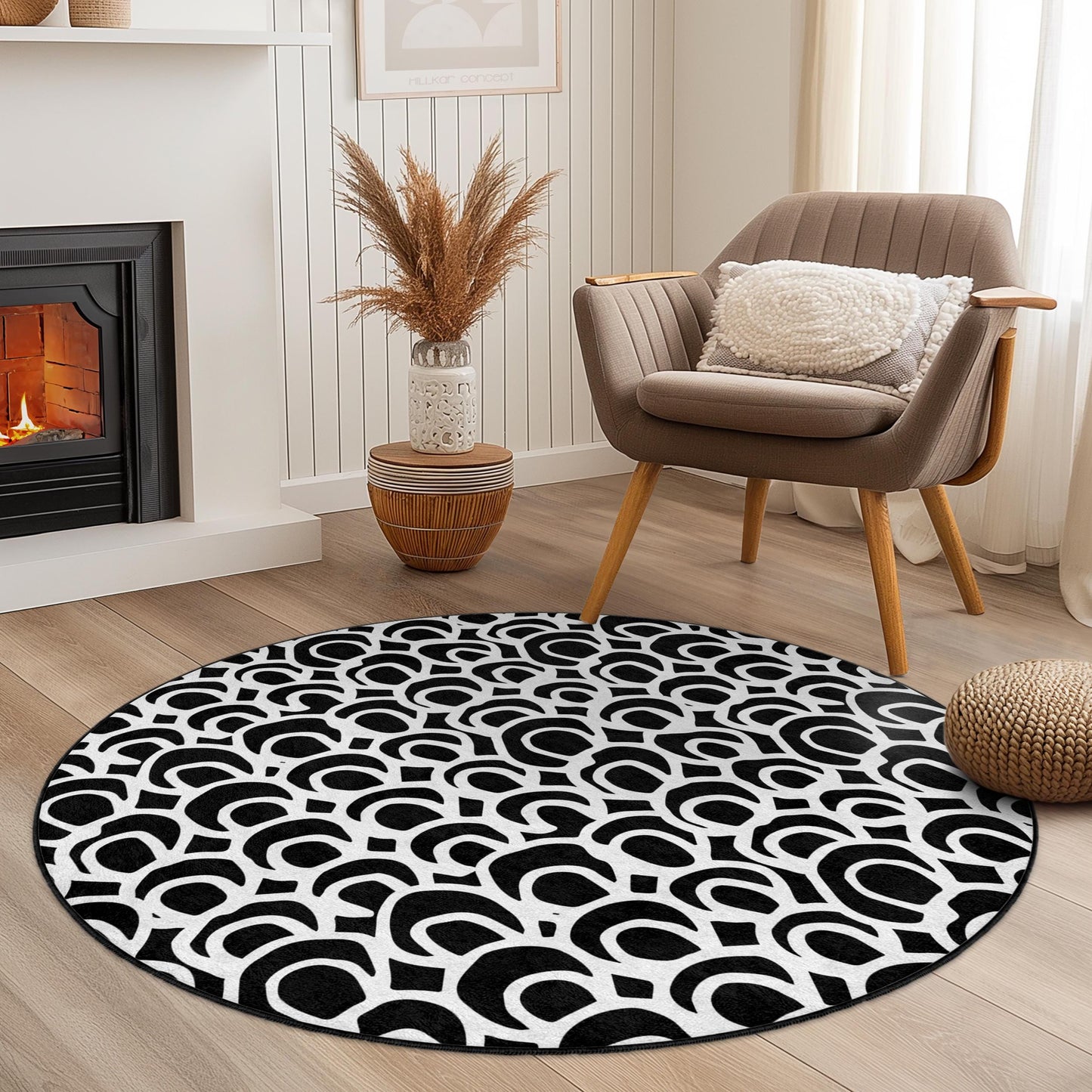 Modern Black and White Circle Area Rug, Stylish Round Carpet, Contemporary Design Rug for Living Room, Bedroom, Home Decor