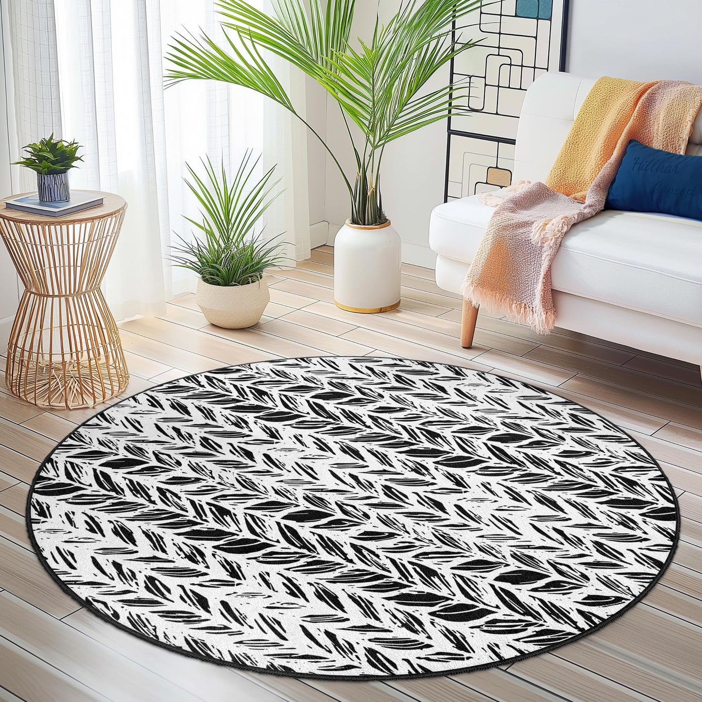 Leaf Pattern Round Area Rug, Modern Round Rug for Living Room, Boho Chic Decor, Soft Round Carpet for Home, Indoor Round Mat