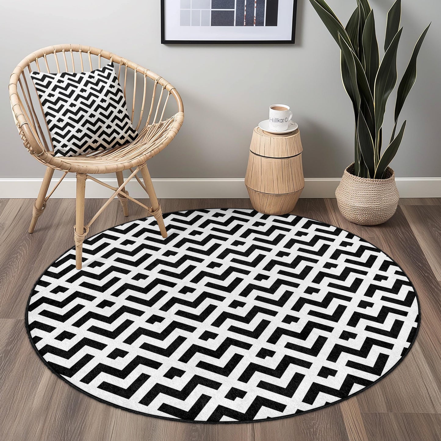 Geometric Black and White Round Area Rug, Modern Boho Rug, Stylish Circle Carpet for Living Room, Bedroom, Home Decor, Area Rug
