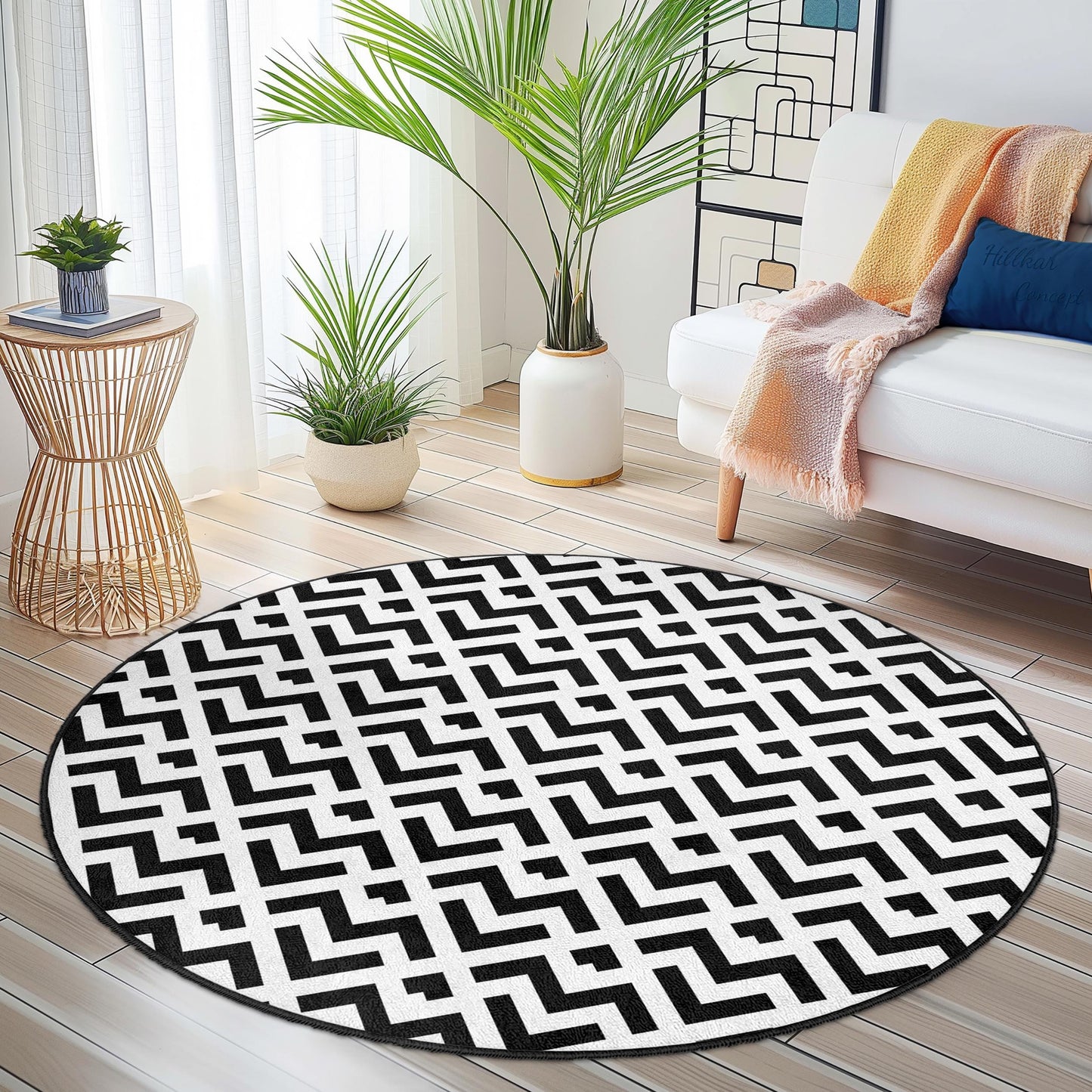 Geometric Black and White Round Area Rug, Modern Boho Rug, Stylish Circle Carpet for Living Room, Bedroom, Home Decor, Area Rug