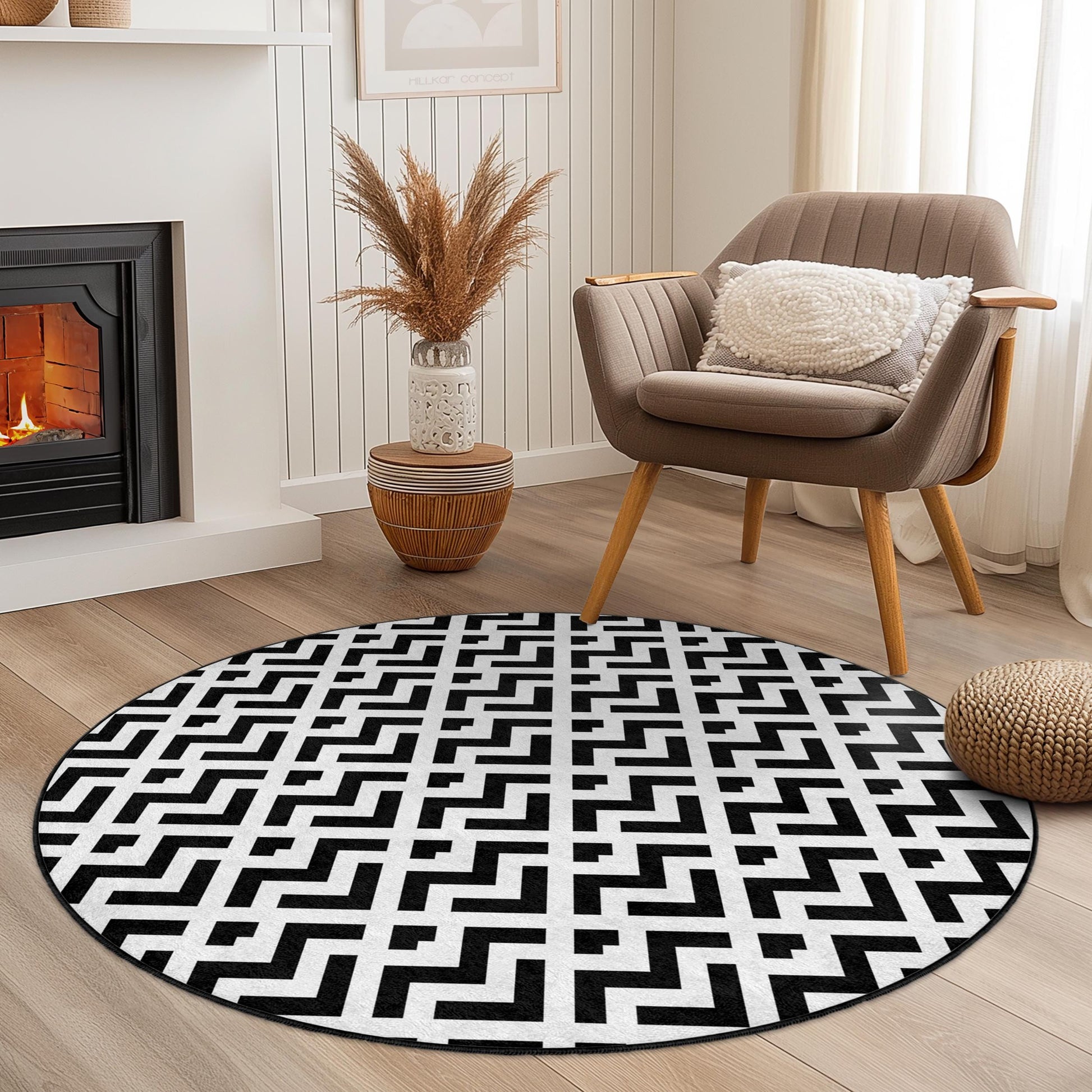 Geometric Black and White Round Area Rug, Modern Boho Rug, Stylish Circle Carpet for Living Room, Bedroom, Home Decor, Area Rug