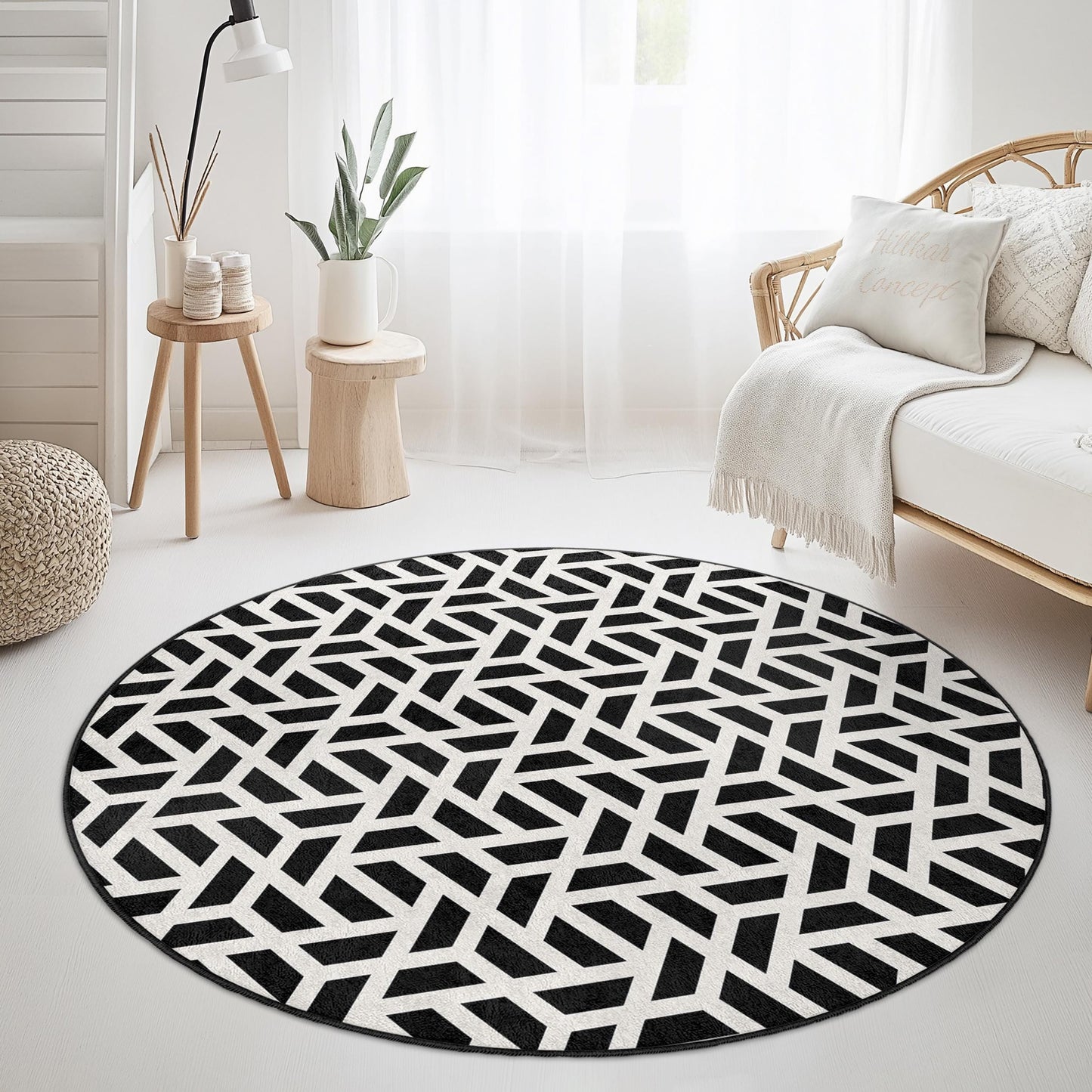 Geometric Black and White Round Rug, Modern Round Carpet, Stylish Home Decor, Living Room Rug, Chic Area Rug, Contemporary Design
