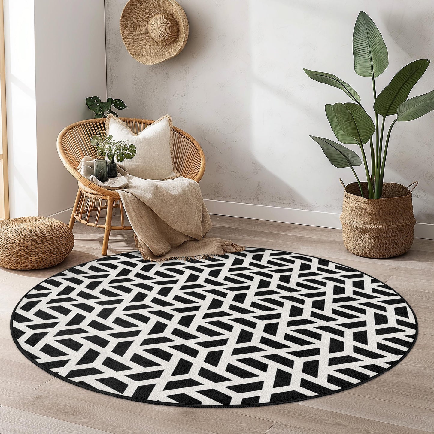 Geometric Black and White Round Rug, Modern Round Carpet, Stylish Home Decor, Living Room Rug, Chic Area Rug, Contemporary Design