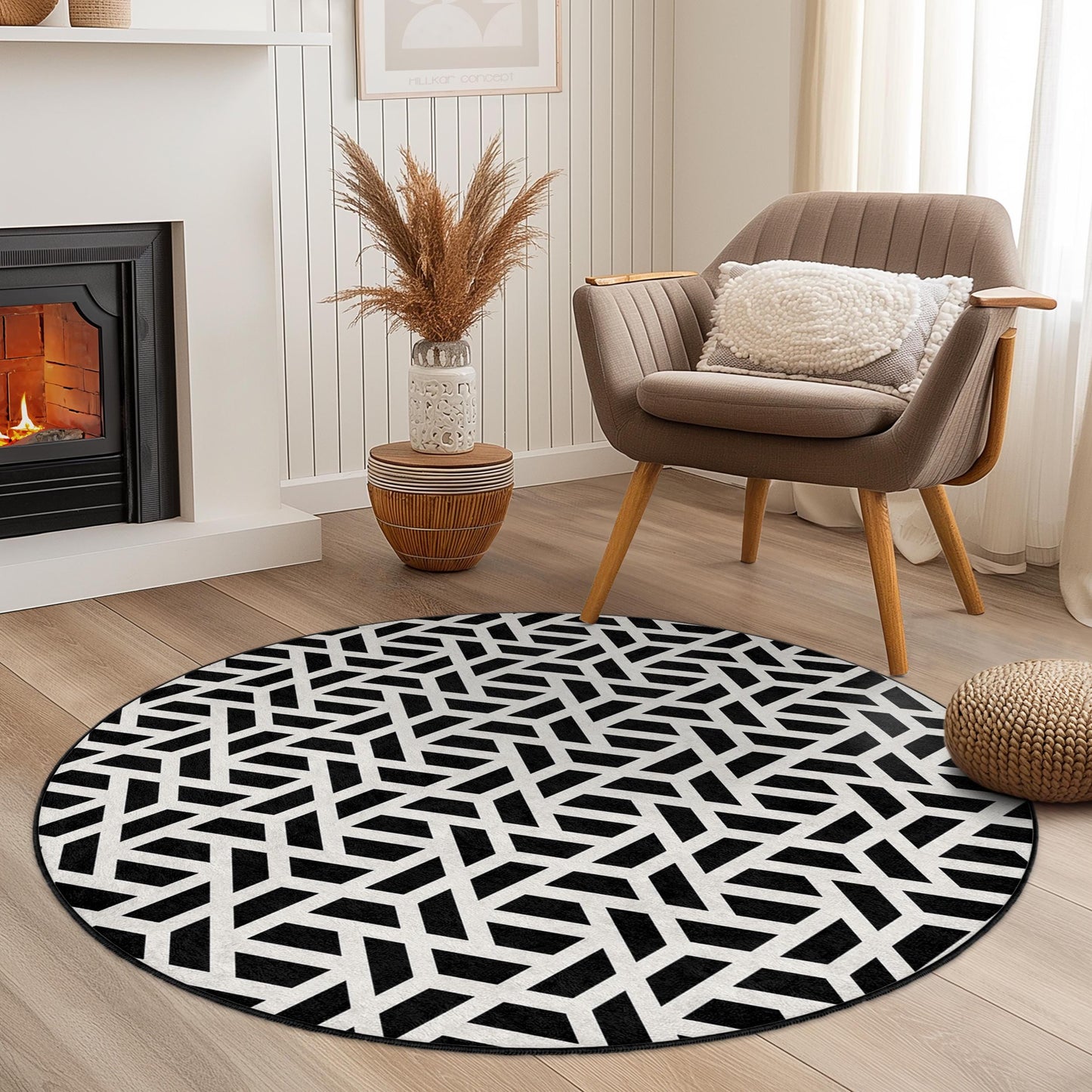 Geometric Black and White Round Rug, Modern Round Carpet, Stylish Home Decor, Living Room Rug, Chic Area Rug, Contemporary Design