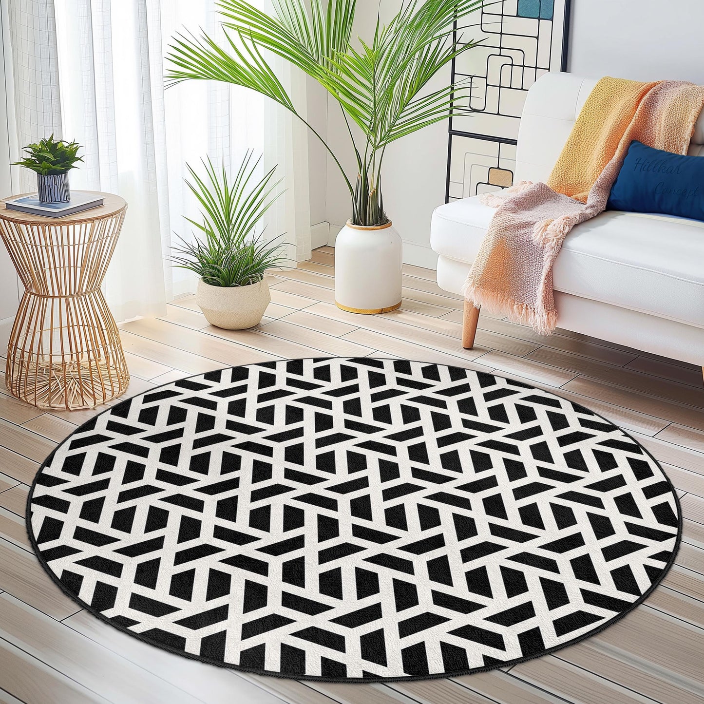 Geometric Black and White Round Rug, Modern Round Carpet, Stylish Home Decor, Living Room Rug, Chic Area Rug, Contemporary Design