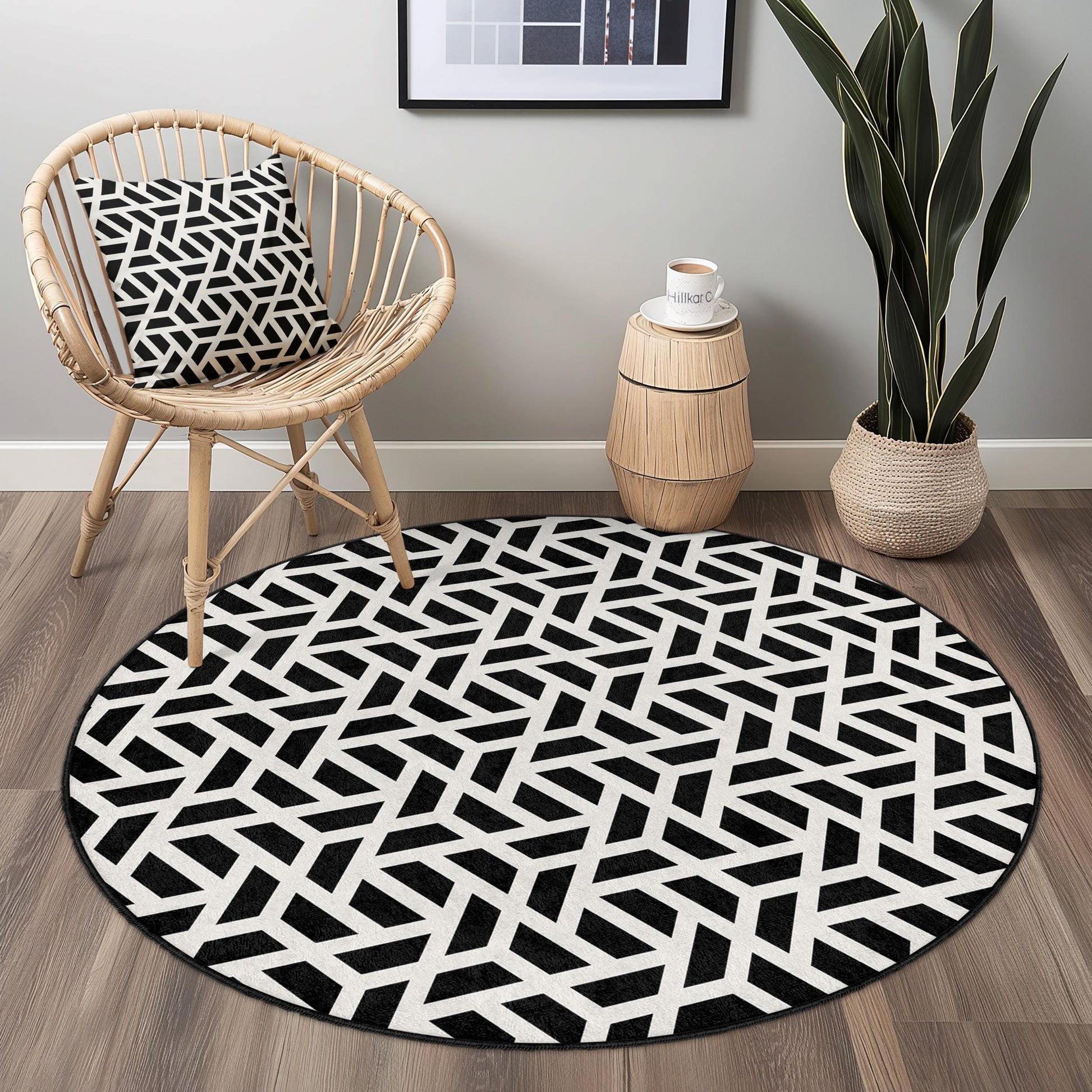 Geometric Black and White Round Rug, Modern Round Carpet, Stylish Home Decor, Living Room Rug, Chic Area Rug, Contemporary Design