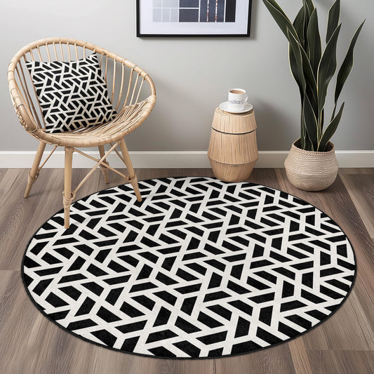 Geometric Black and White Round Rug, Modern Round Carpet, Stylish Home Decor, Living Room Rug, Chic Area Rug, Contemporary Design