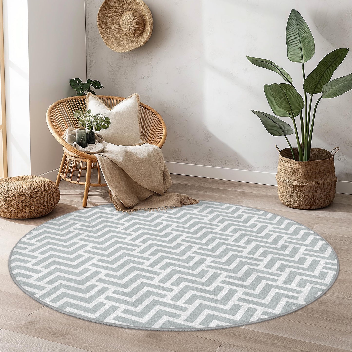 Chevron Pattern Round Area Rug, Modern Round Rug for Living Room, Stylish Round Carpet, Soft Grey Round Rug, Decorative Round Rug